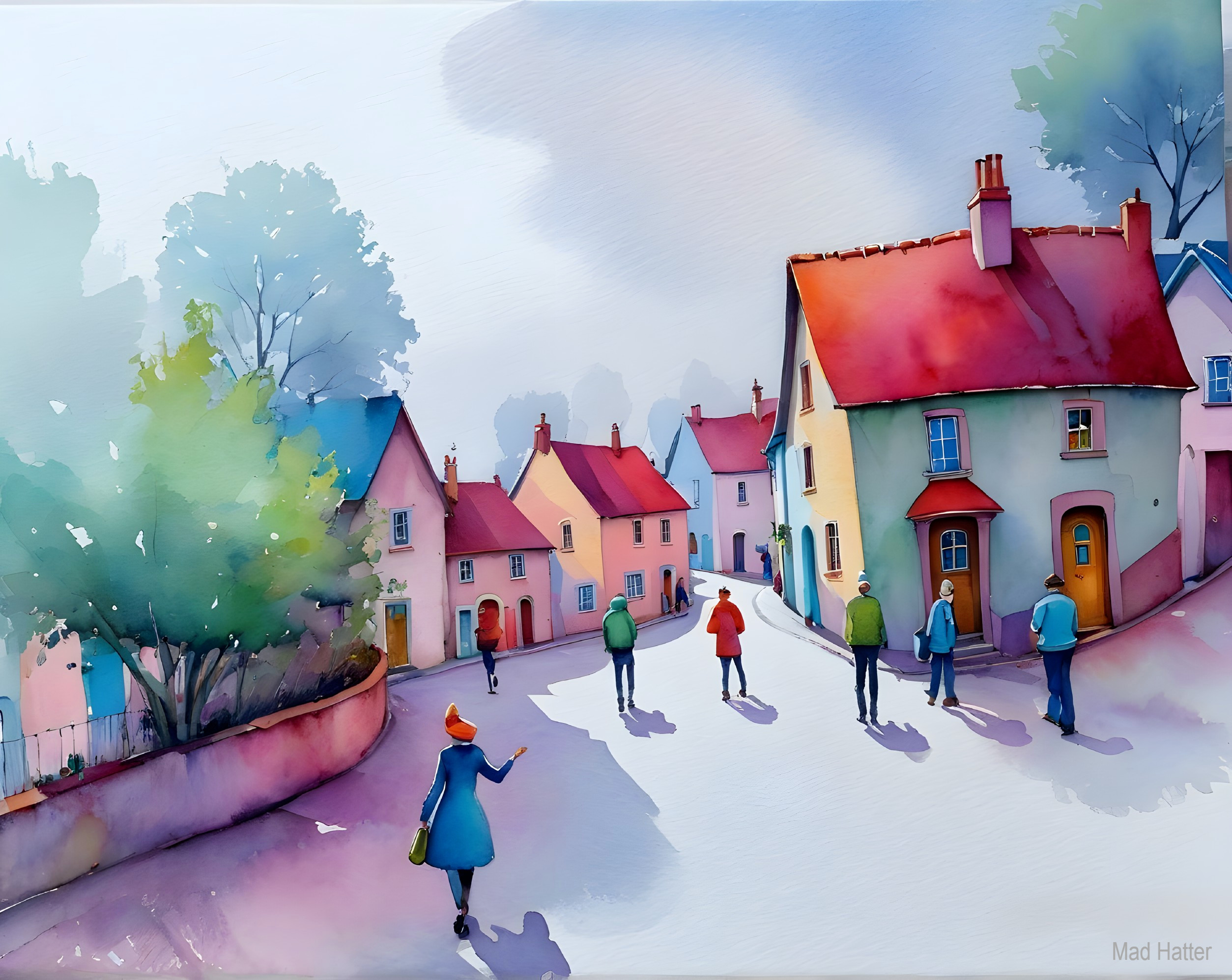 Colorful Village Scene with Charming Houses and Trees