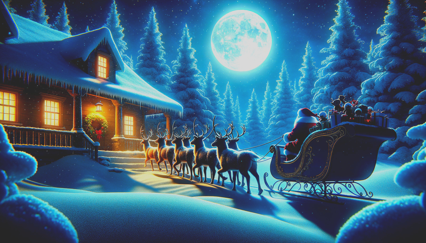 Winter scene: Santa's reindeer-led sleigh by cozy cottage under full moon