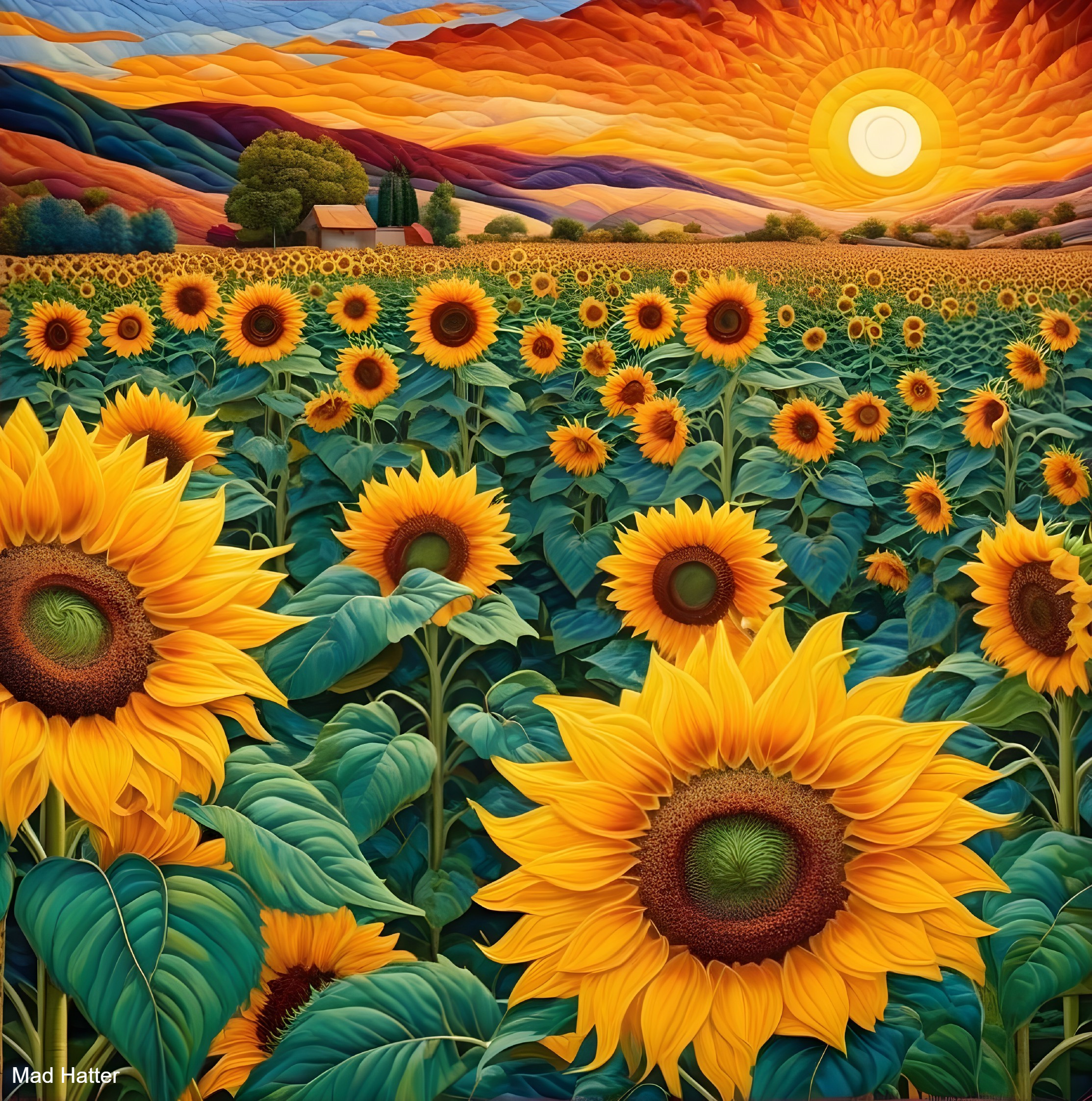 Vibrant Sunflower Field Under Dramatic Sunrise Sky