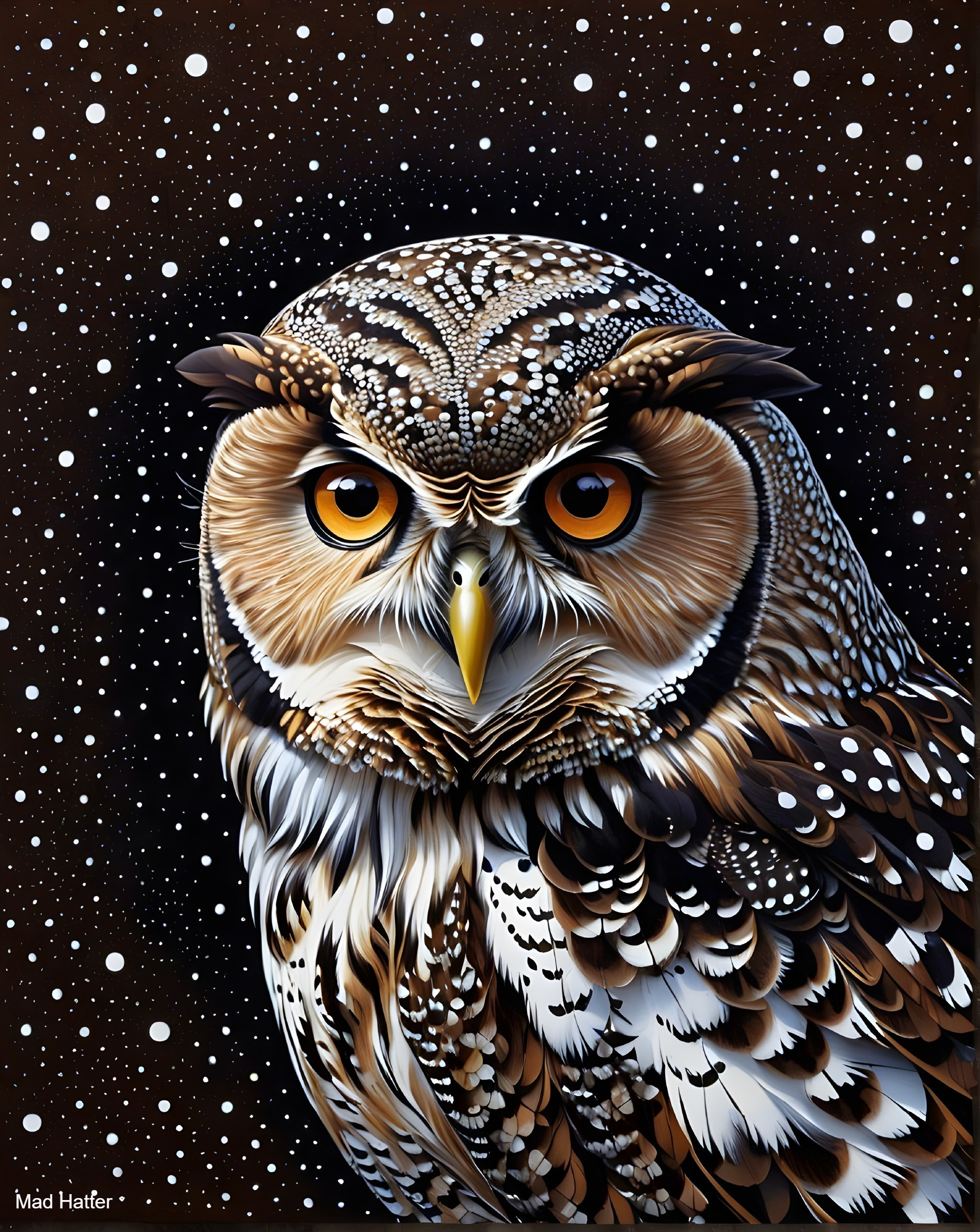 Detailed Owl with Orange Eyes on Black Background