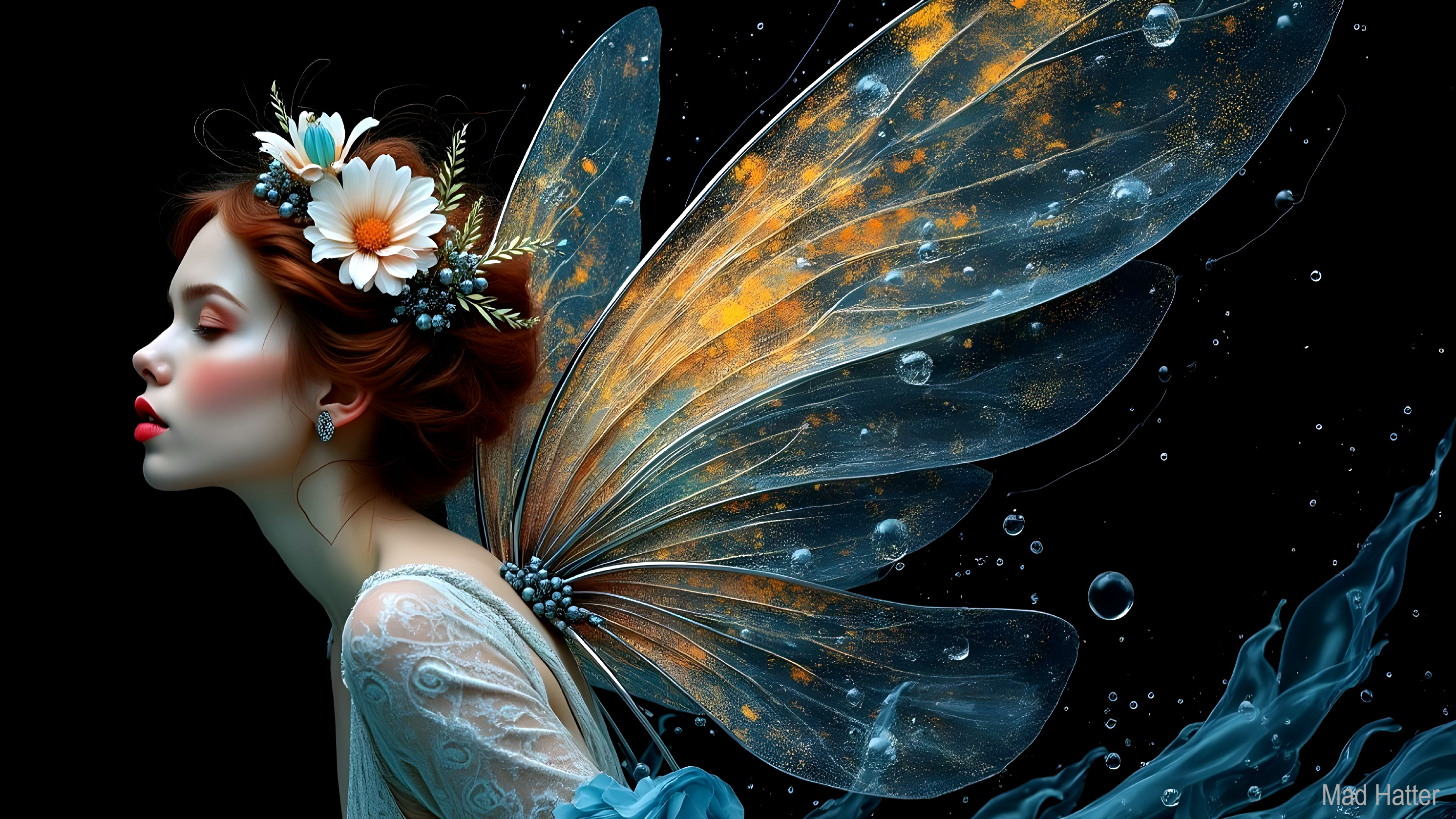 Fairy with Translucent Wings and Daisies in Profile