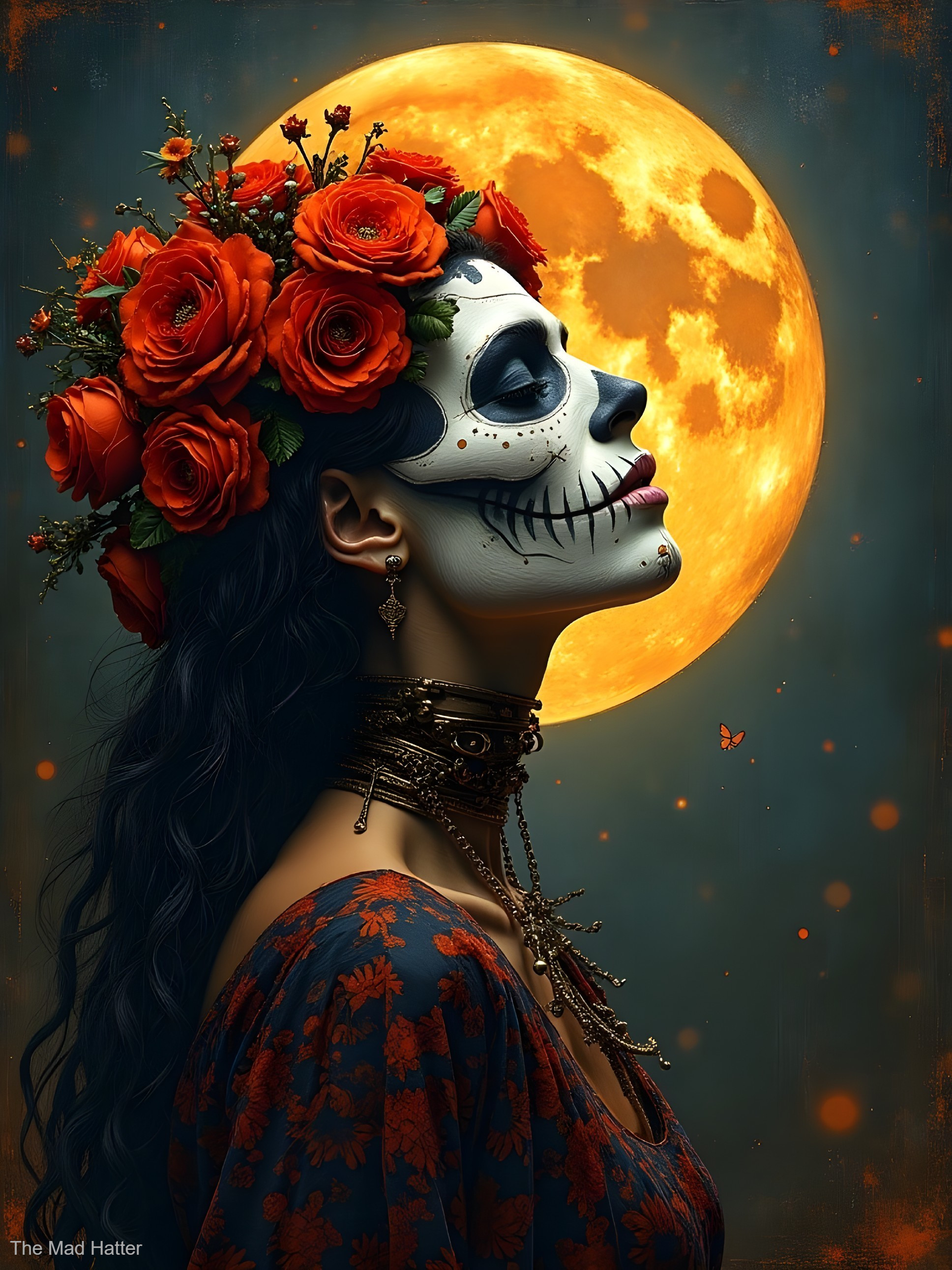 Woman in Profile with Floral Crown and Skull Makeup