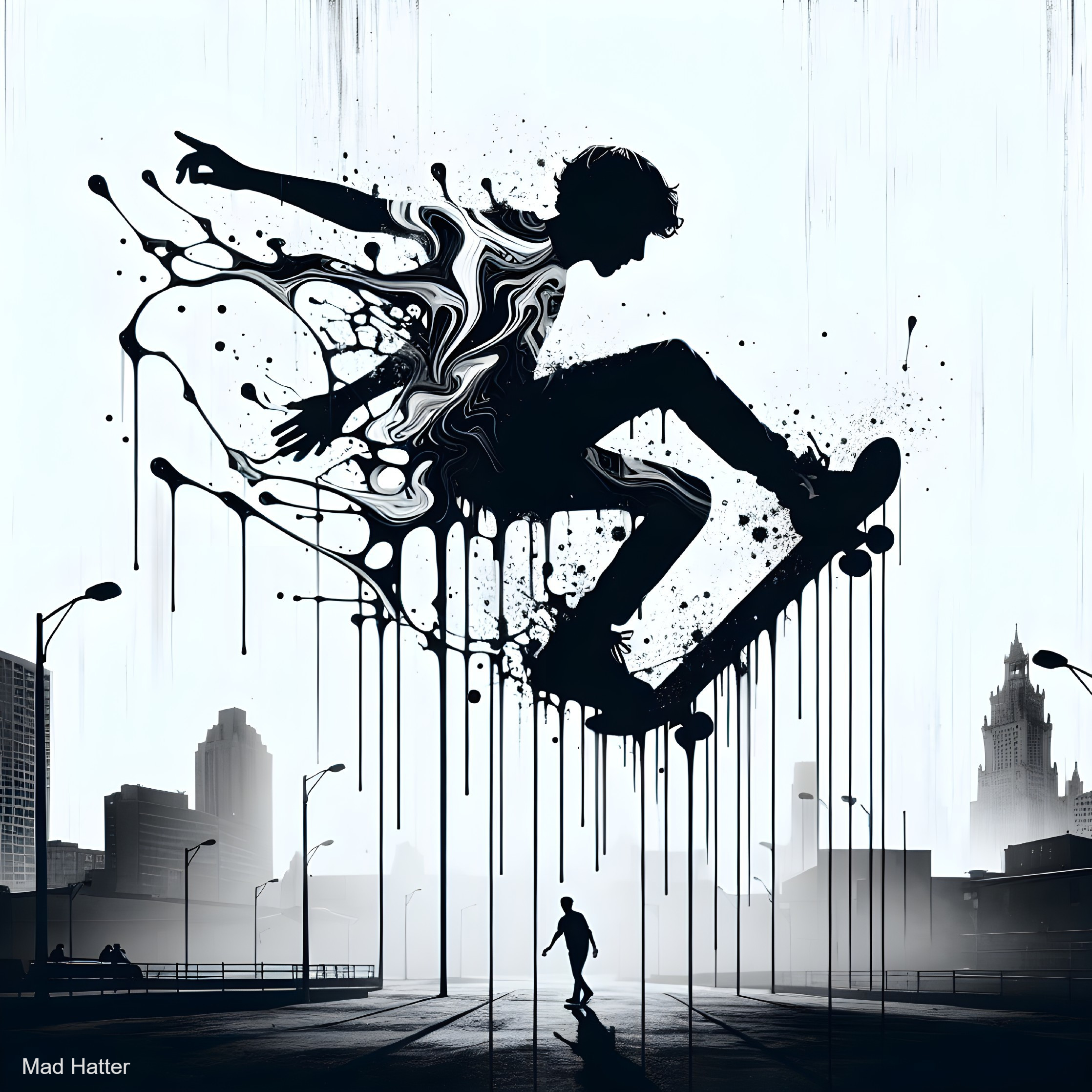 Skateboarder Silhouette Against Ink Splatter Background
