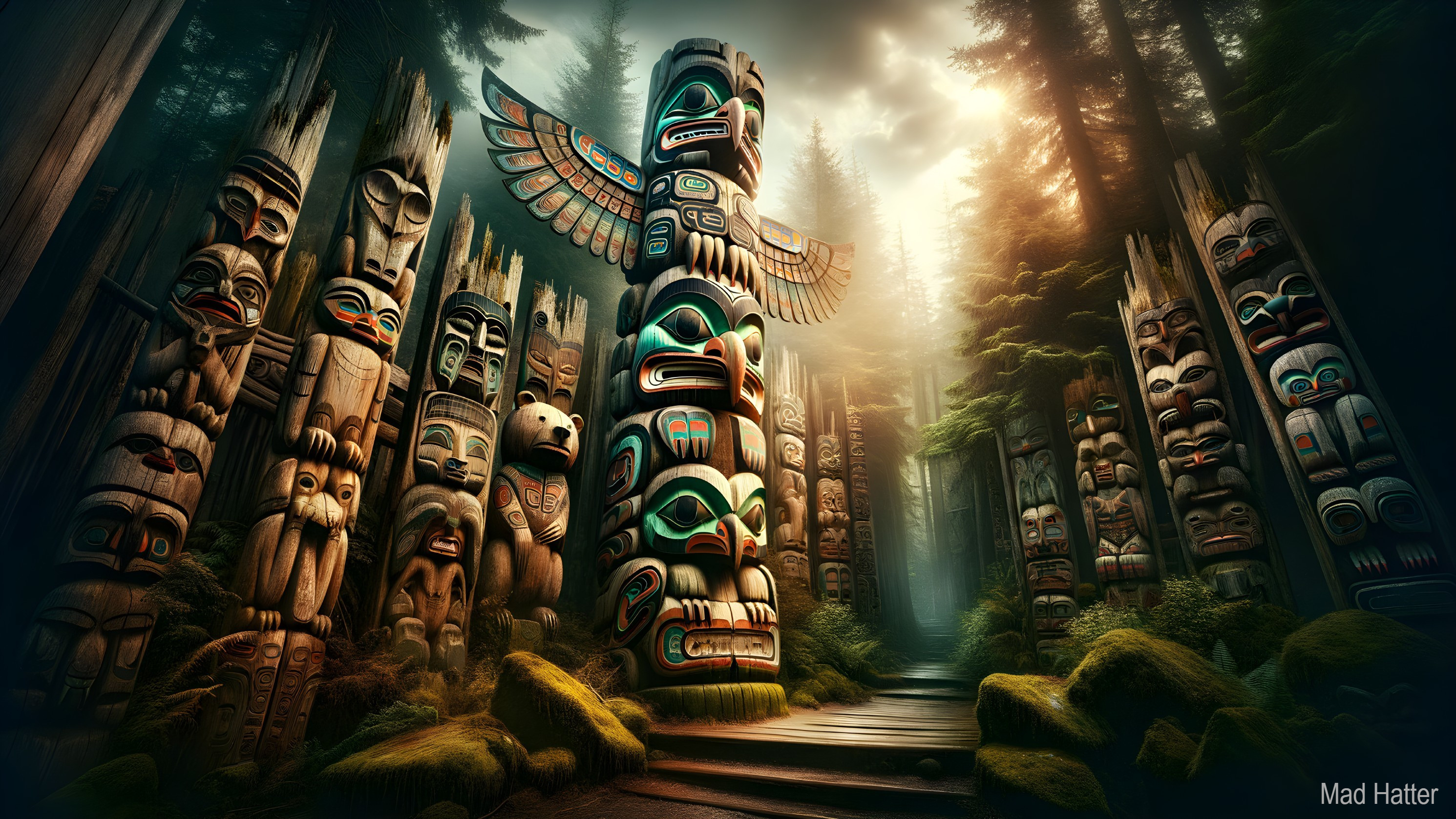 Mystical Forest with Colorful Totem Poles and Sunlight
