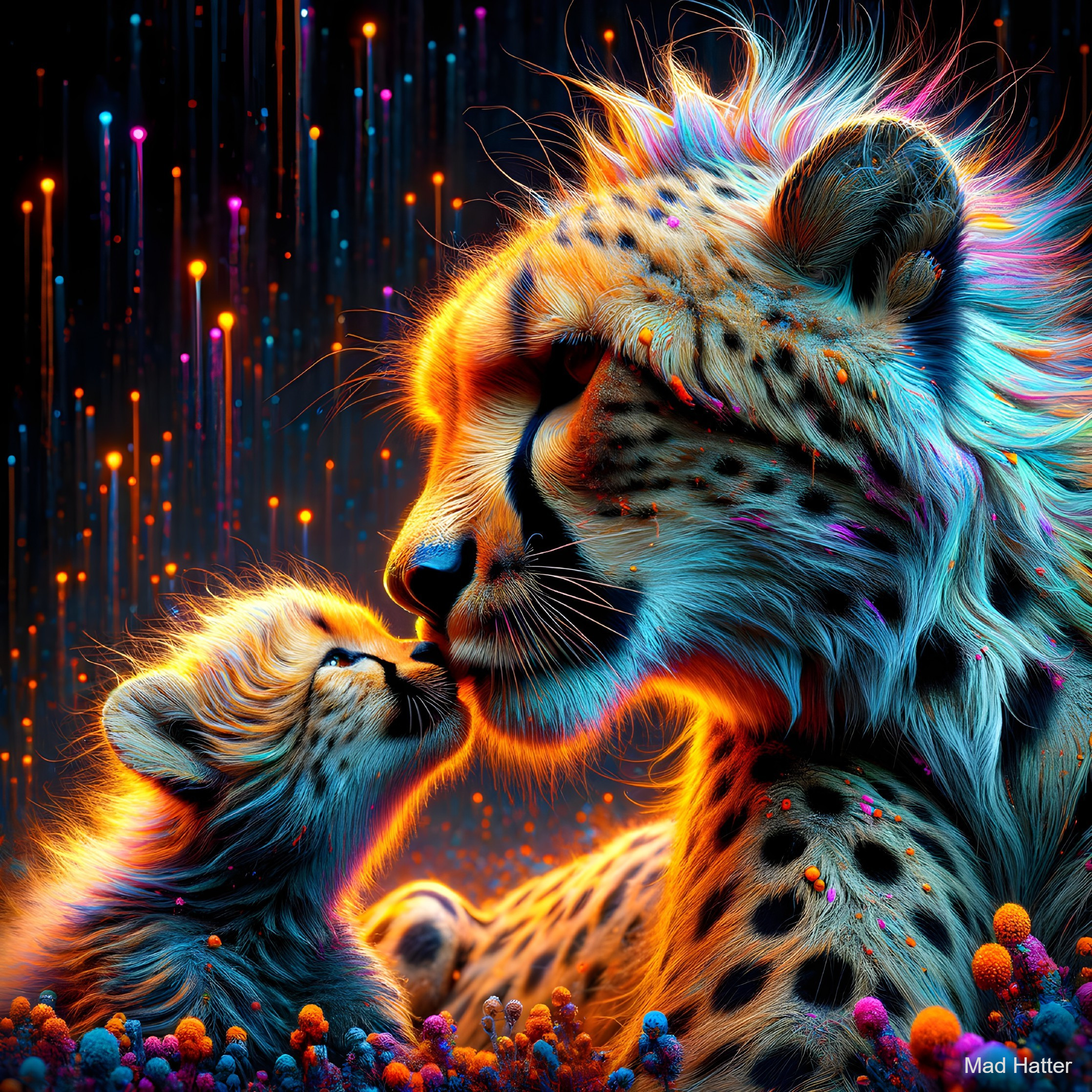 Cheetah and Cub in a Colorful, Dreamlike Scene