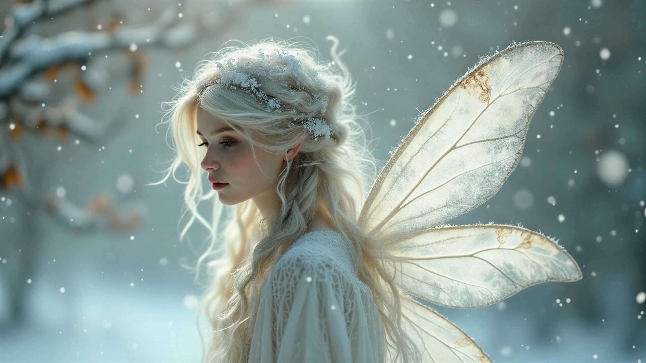 Blonde Fairy in Winter Wonderland with Delicate Wings