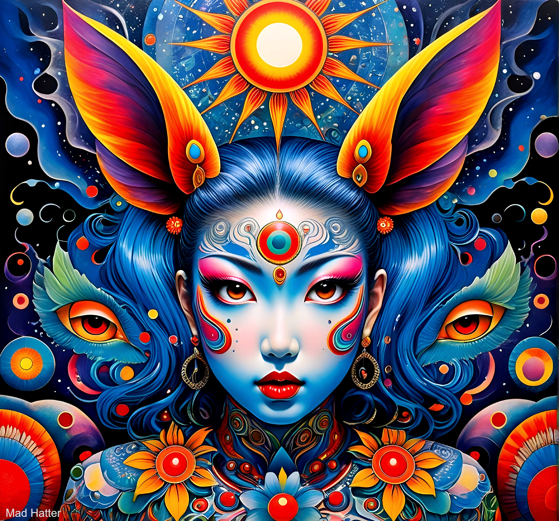 Mythical figure with blue hair and cosmic elements