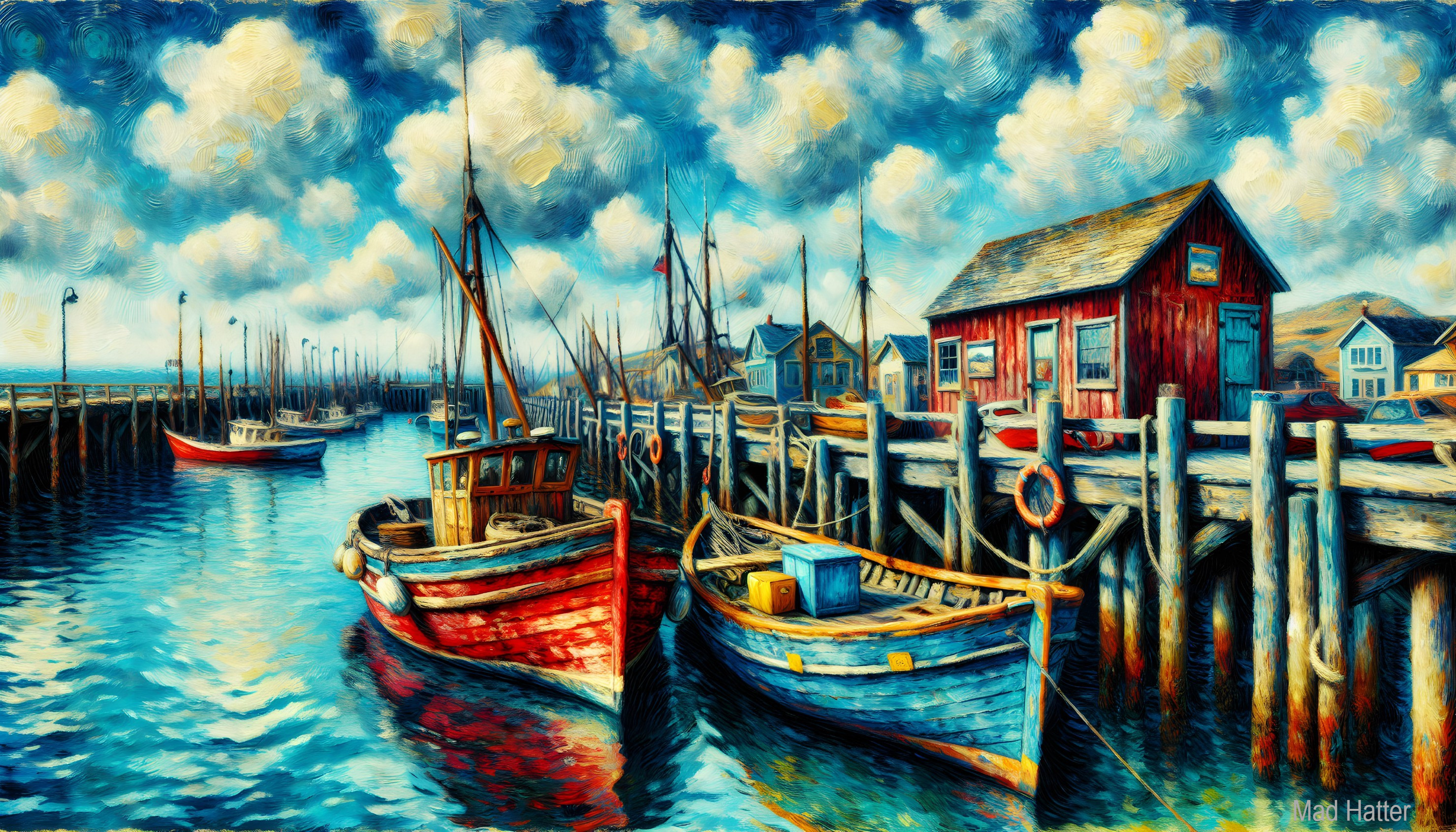 Vibrant Harbor Scene with Colorful Fishing Boats