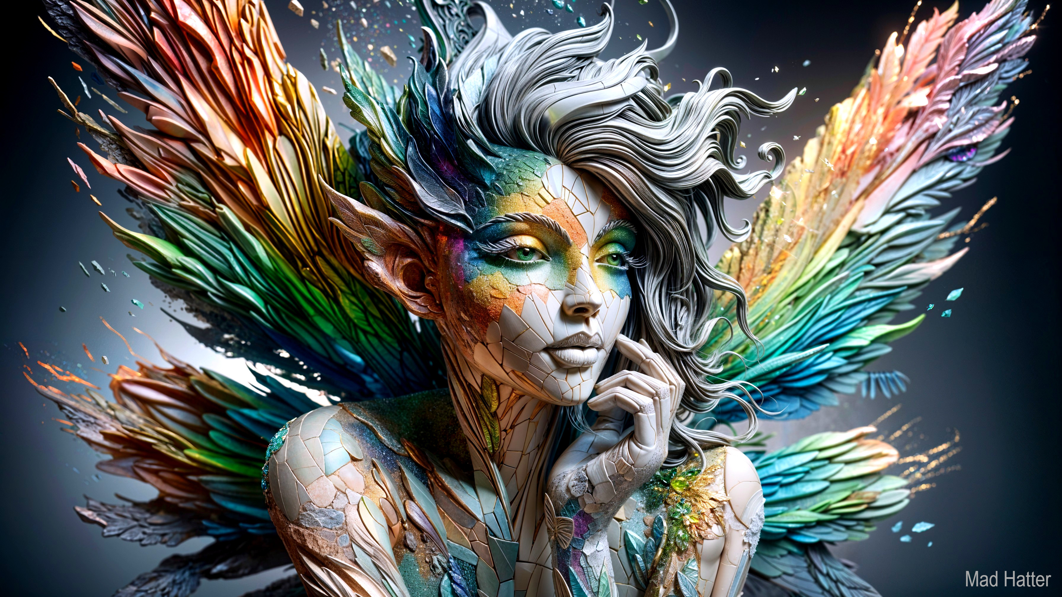 Artistic Figure with Mosaic Skin and Colorful Wings