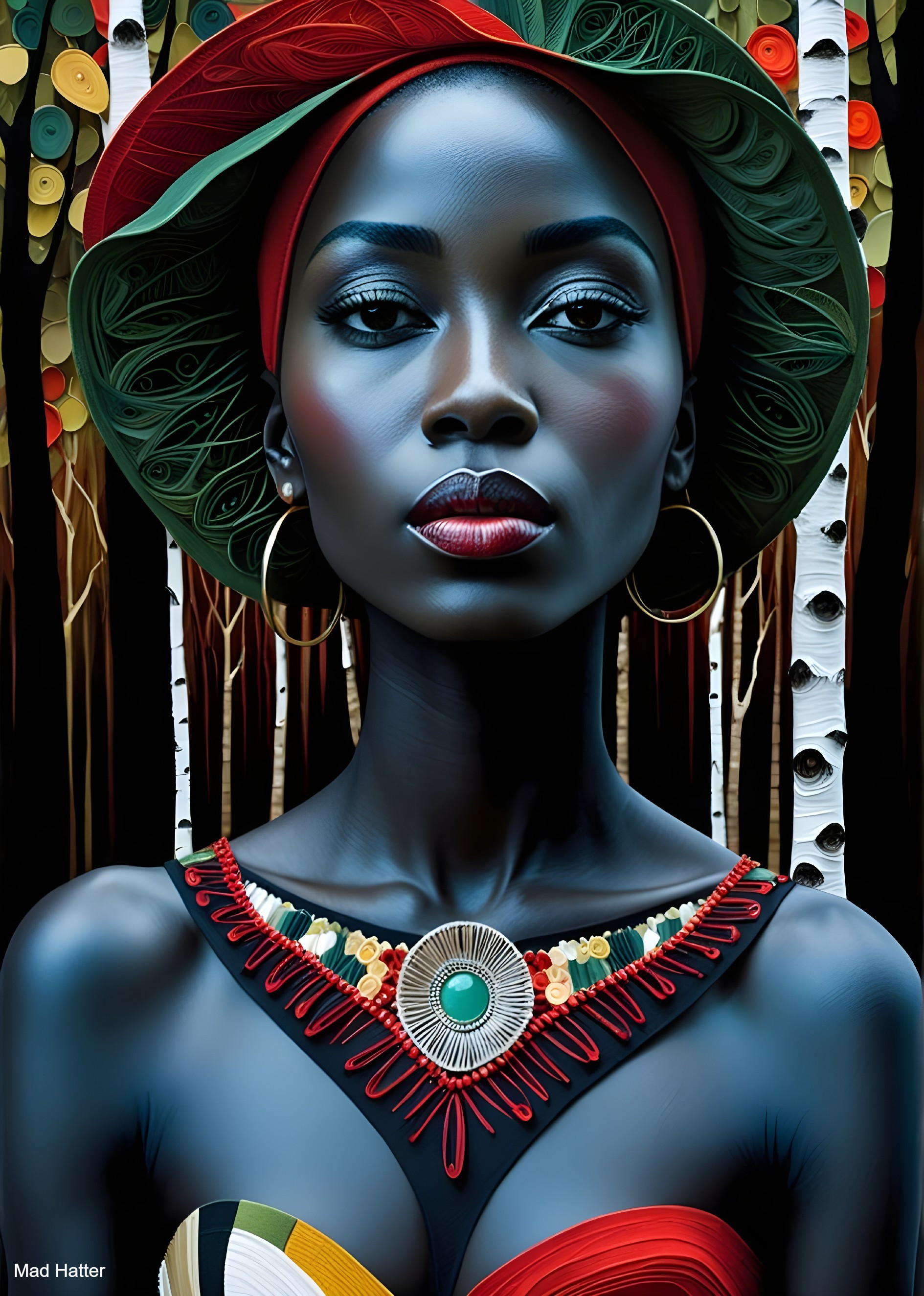 Portrait of a Woman with Bold Accessories and Birch Trees