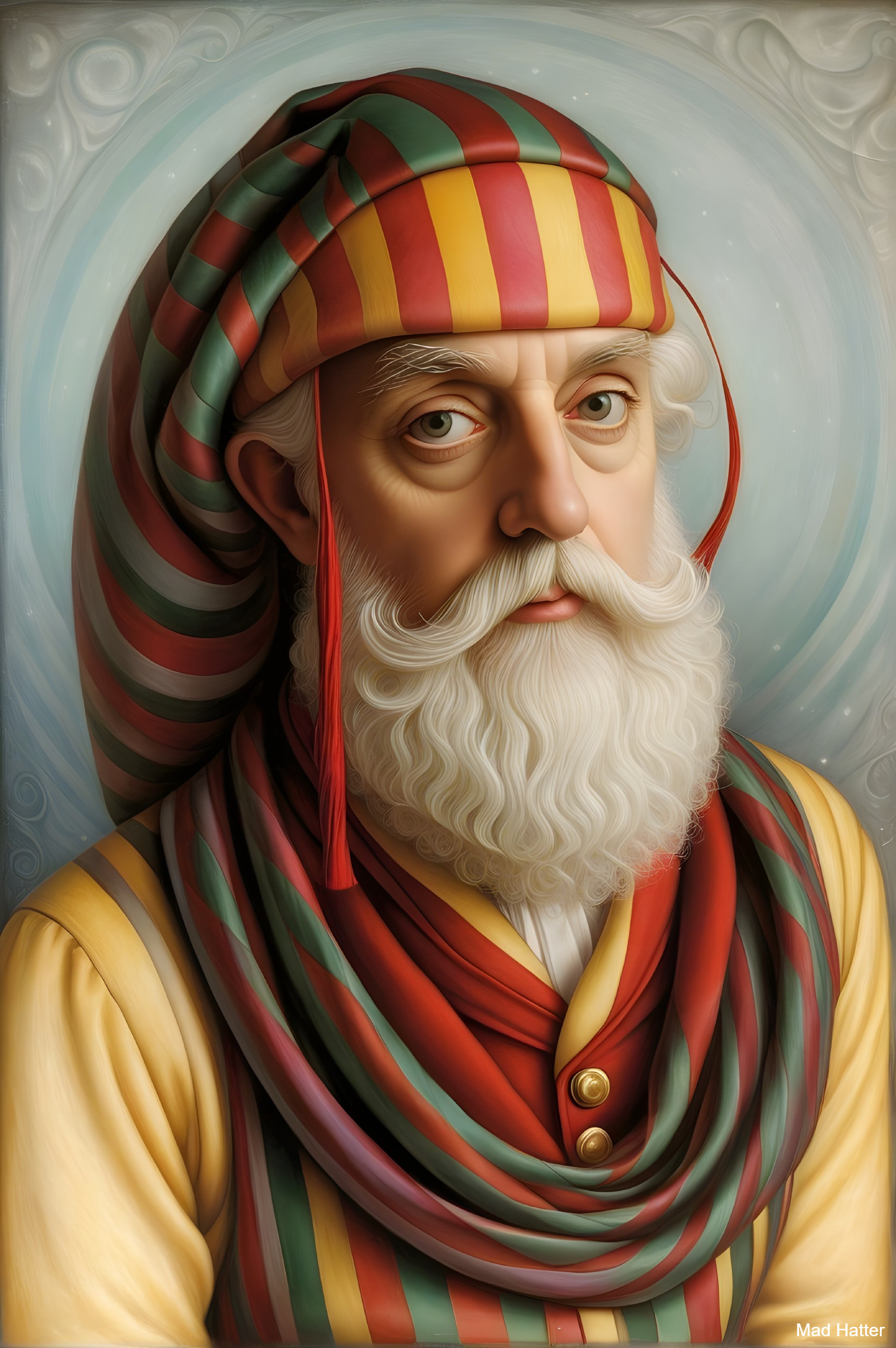 Elderly man with white beard in colorful attire