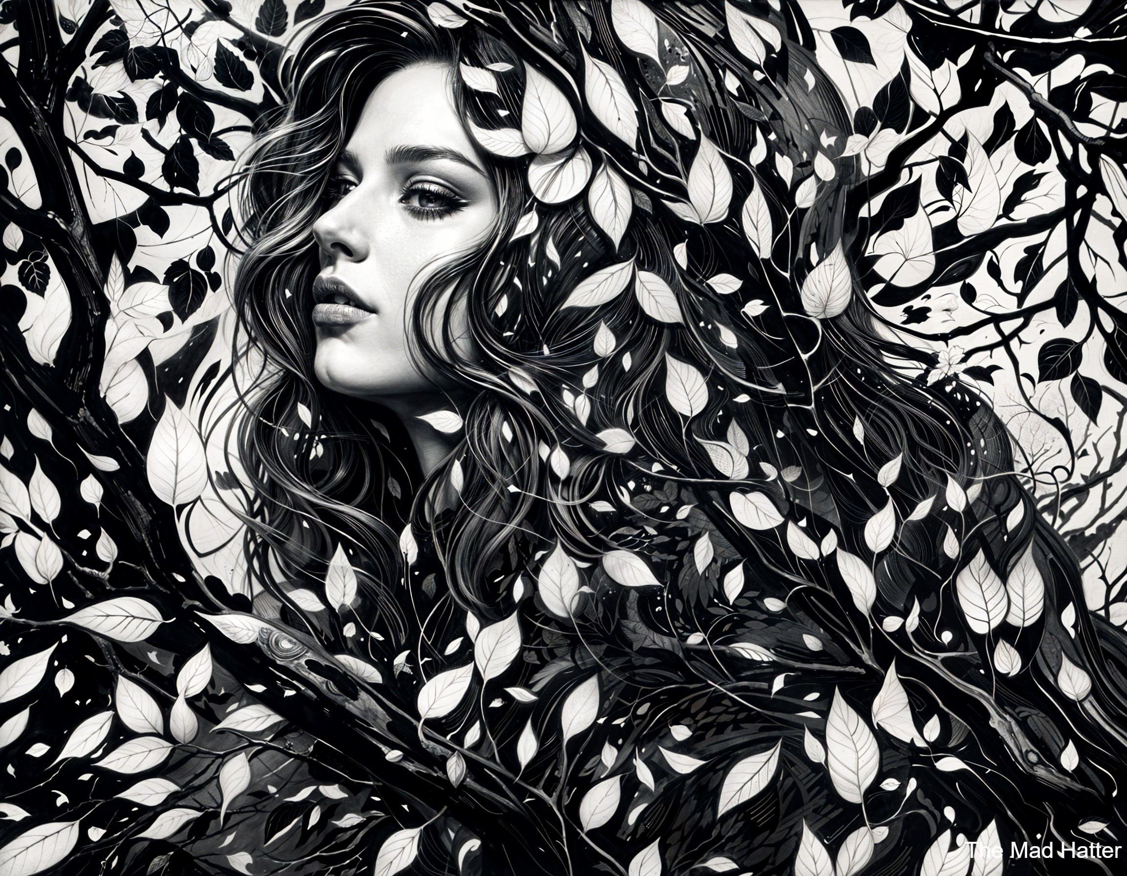 Woman's Face Blended with Black and White Foliage