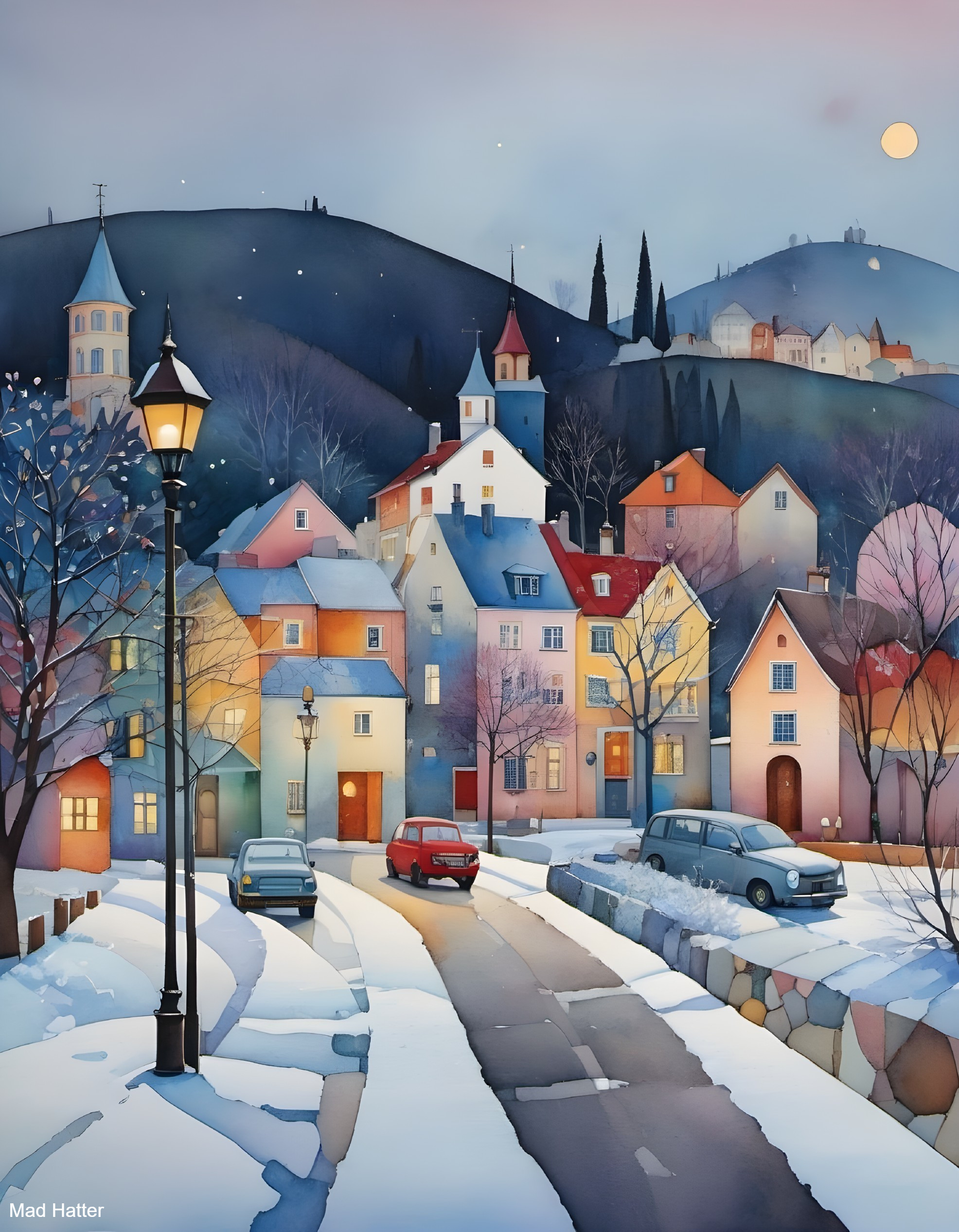 Whimsical Winter Village Scene with Snow and Stars