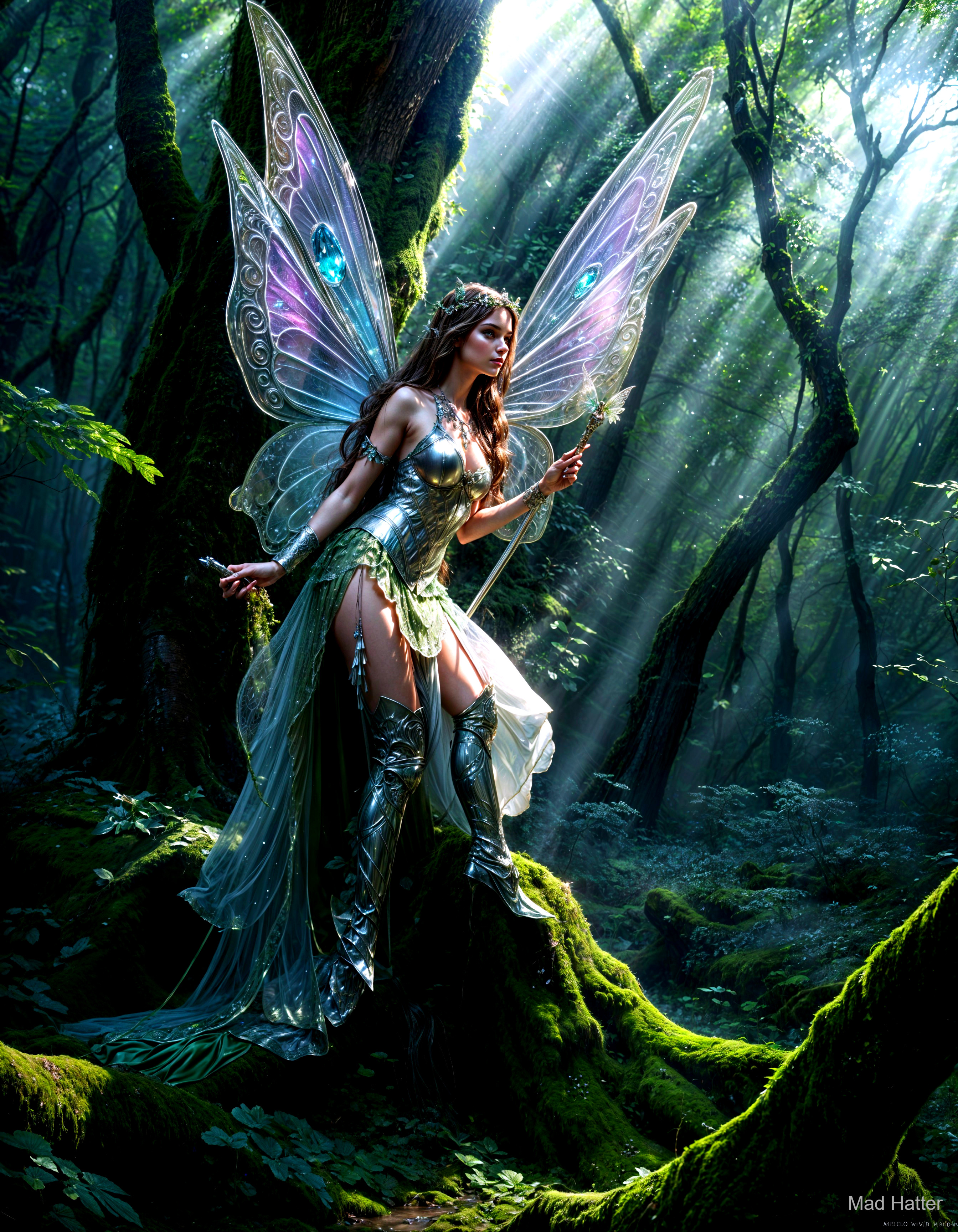 Fairy in Mystical Forest with Iridescent Wings