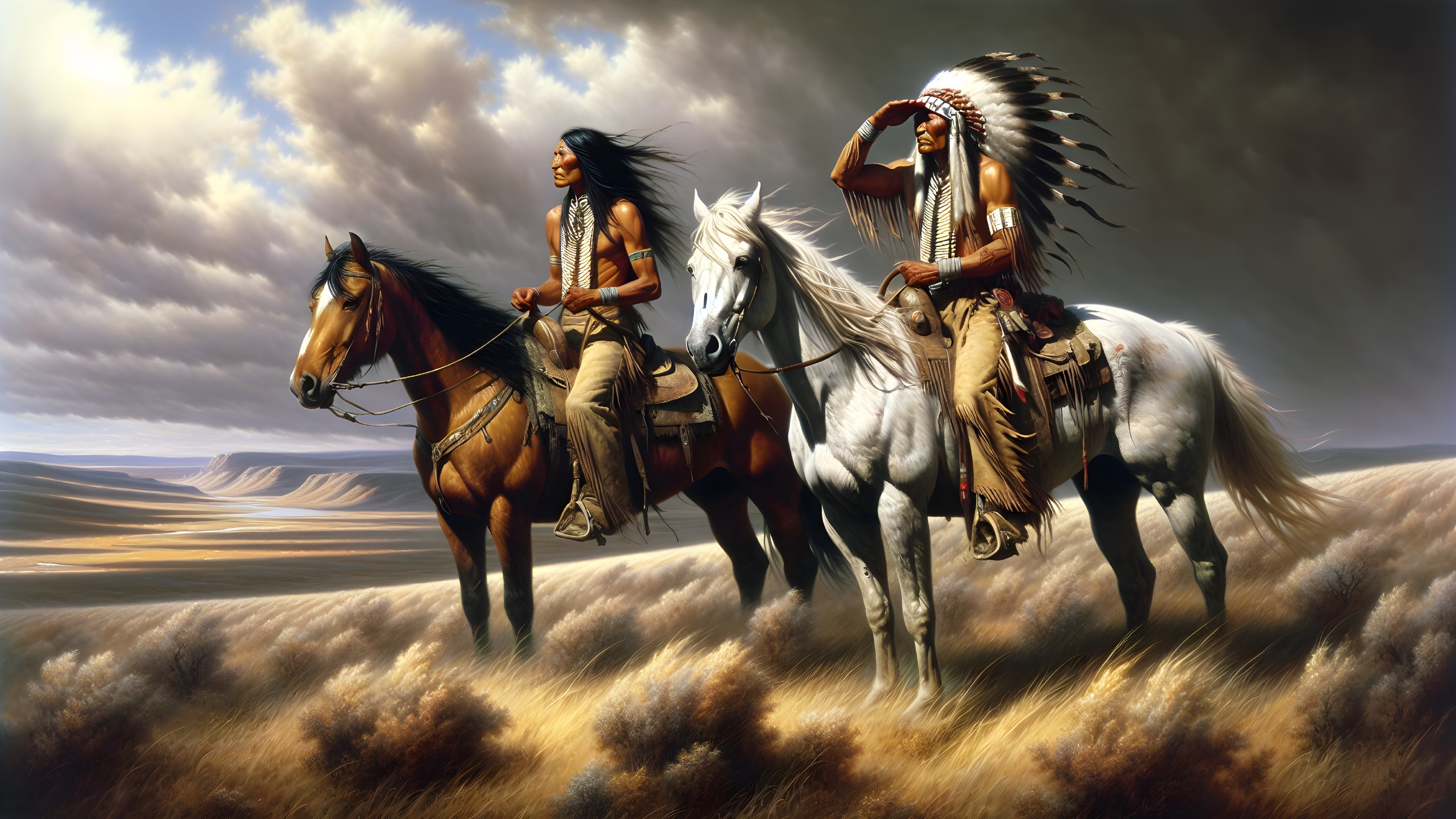 Native American Riders in Dramatic Landscape Scene