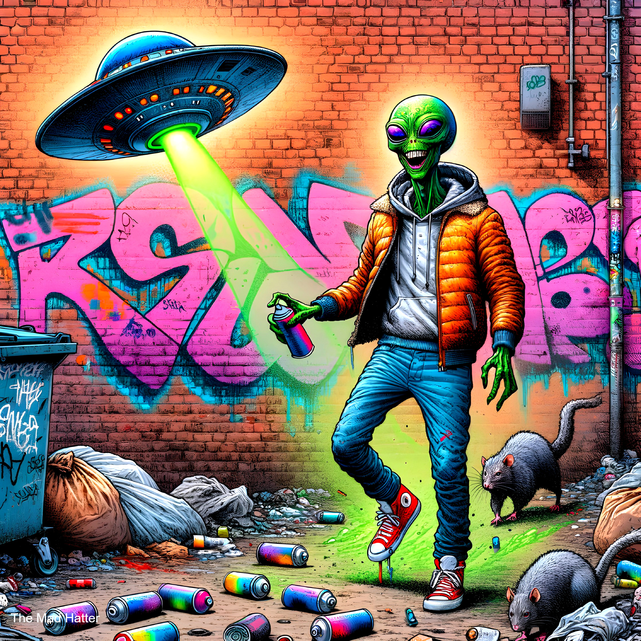 Graffiti Artwork of Alien with Spray Can and Rats
