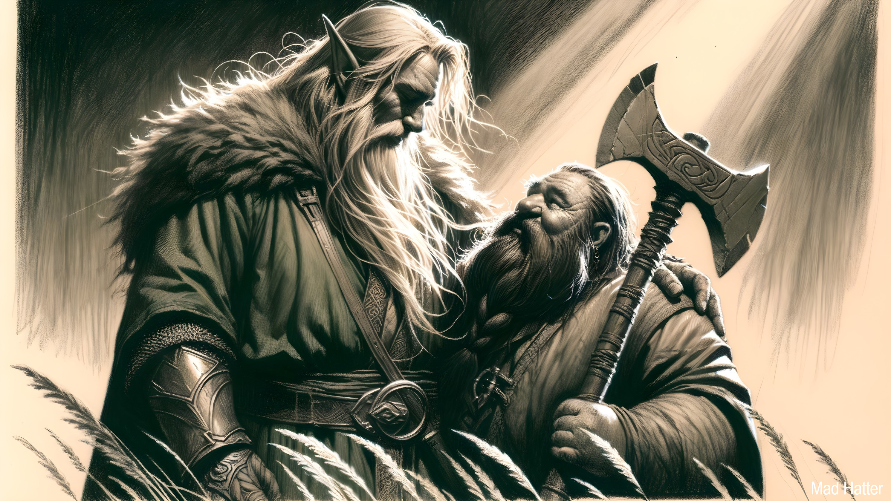 Monochrome Illustration of Elf and Dwarf in Nature