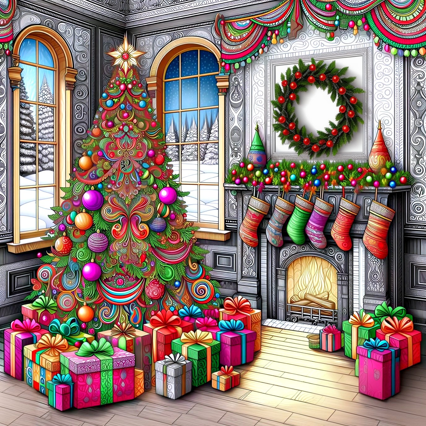 Colorful Christmas Scene with Tree and Decorated Fireplace