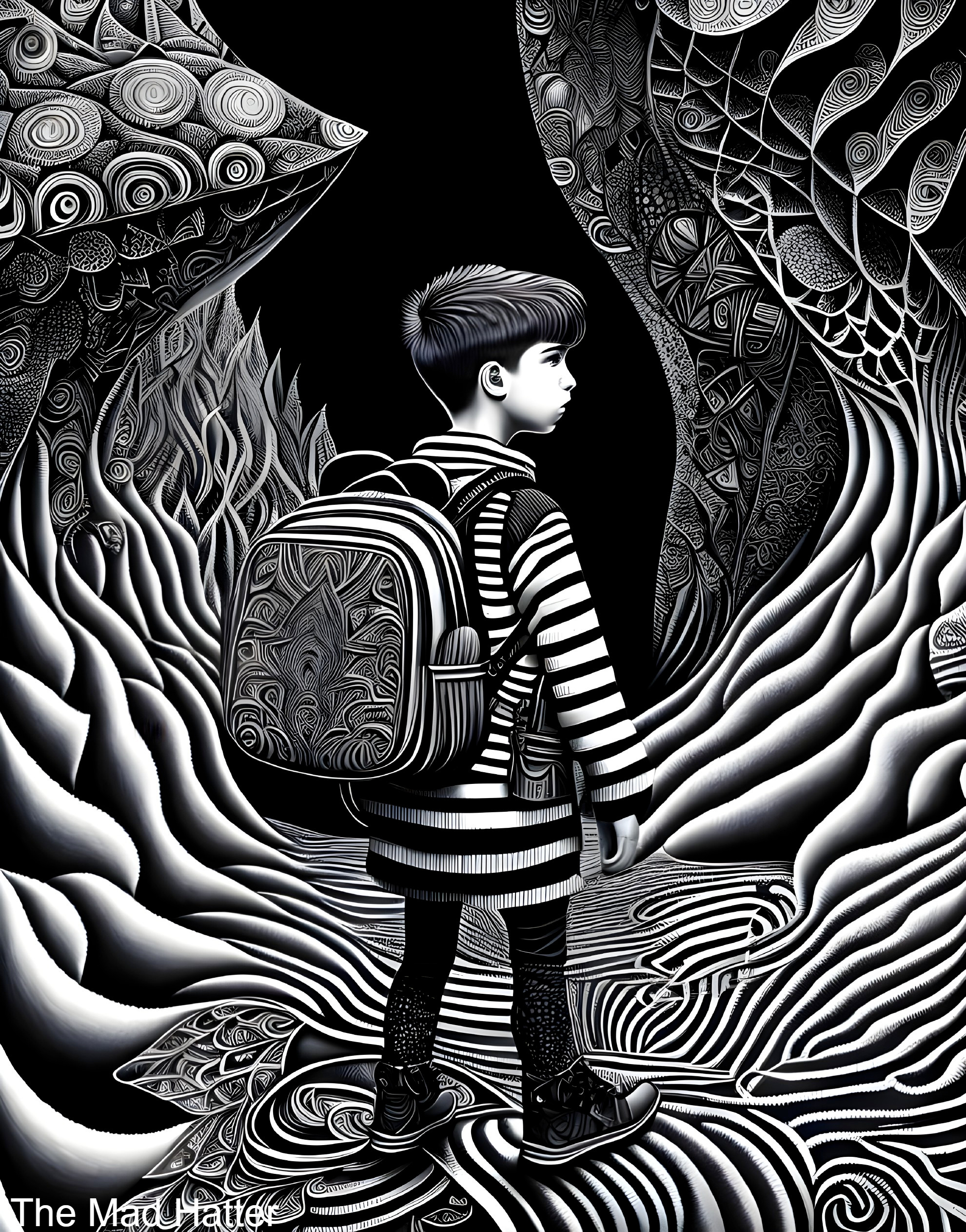 Young boy in surreal black-and-white landscape with backpack