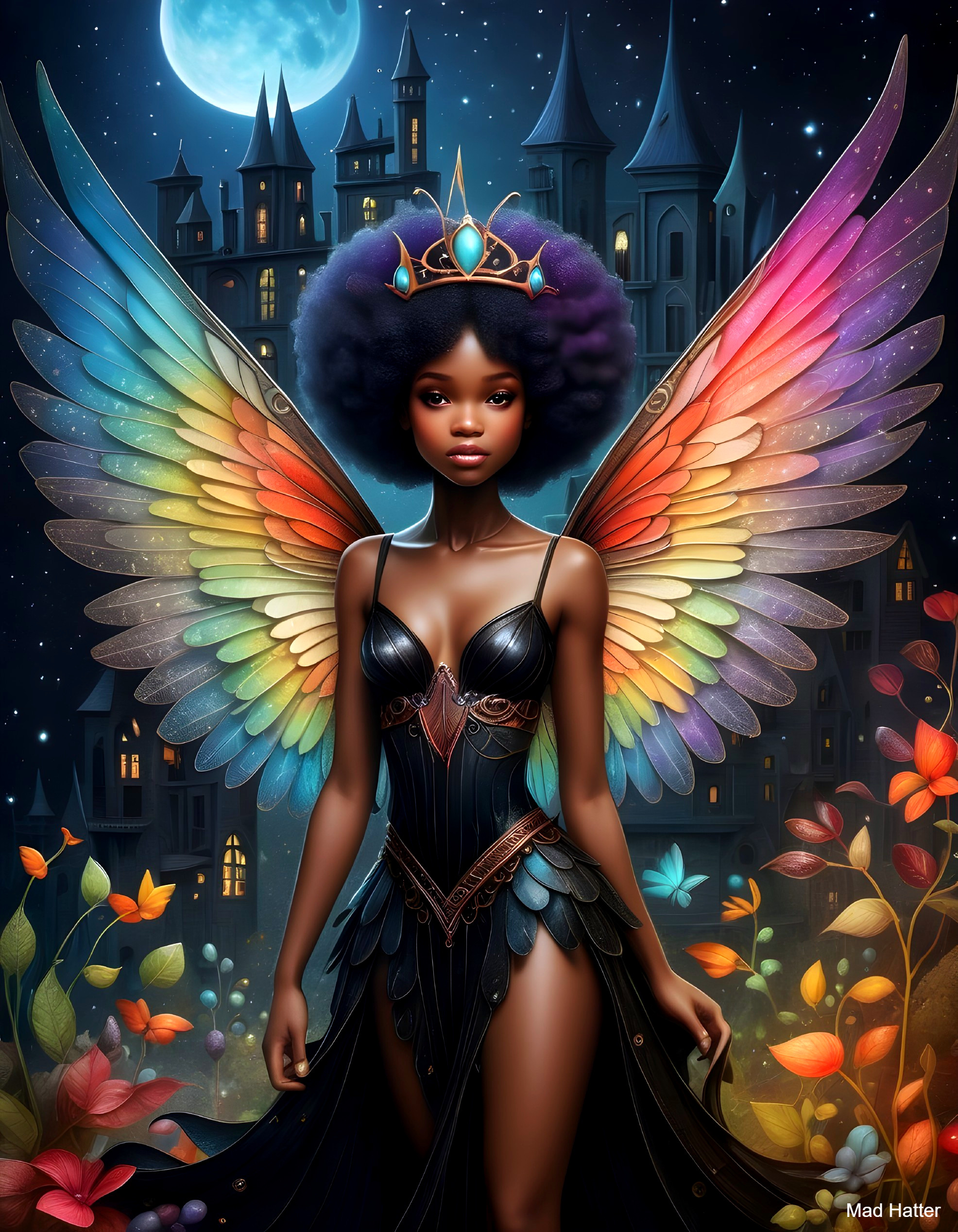 Majestic Woman with Rainbow Wings in Mystical Landscape