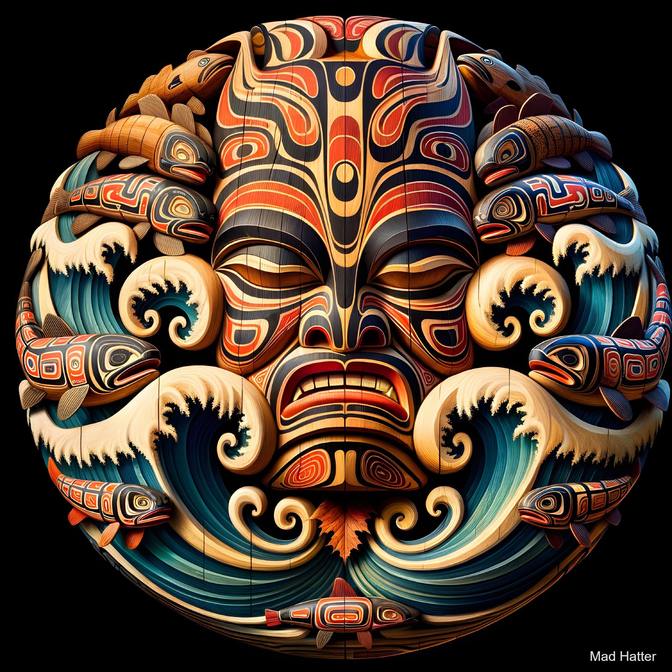Intricately Carved Face Surrounded by Waves and Fish