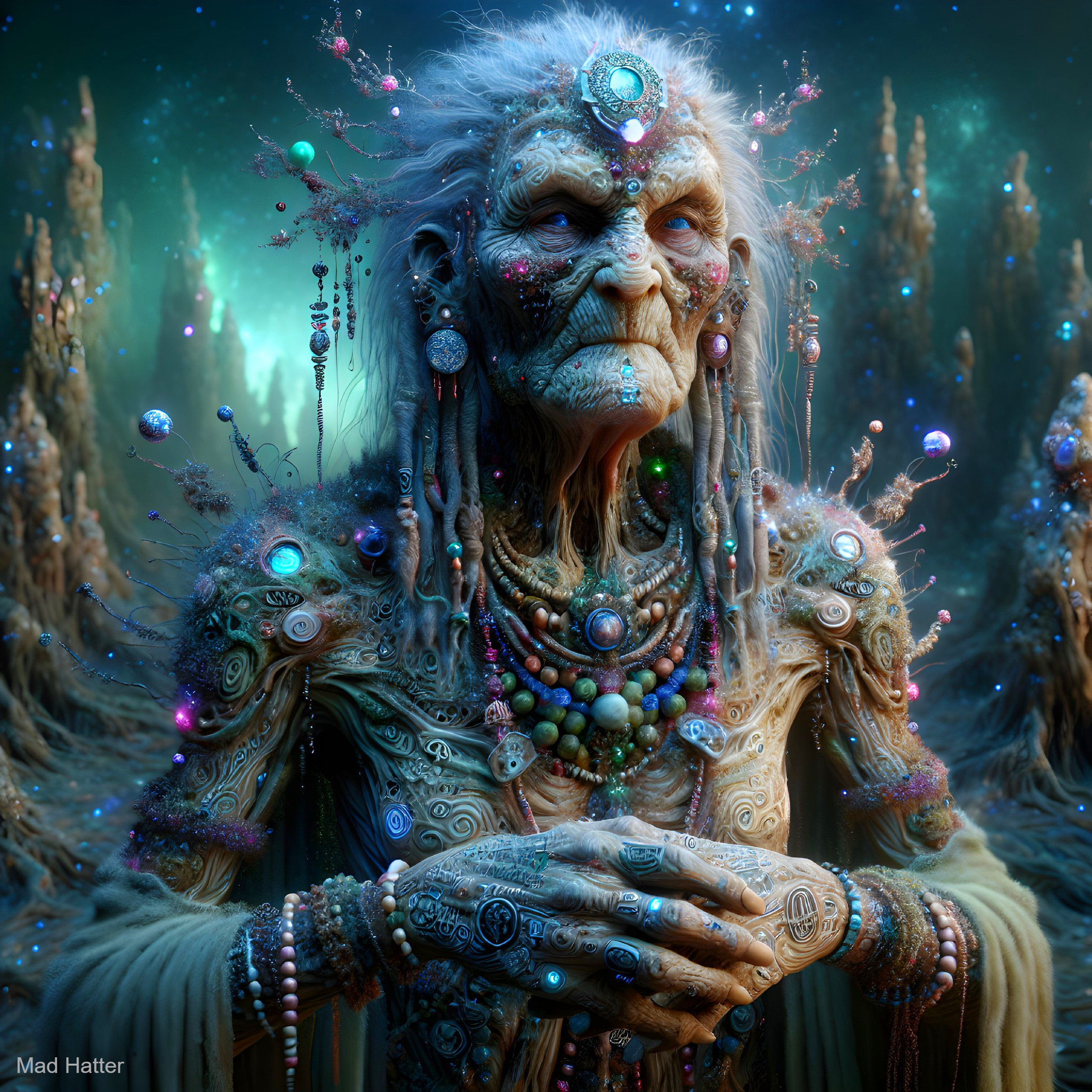 Ethereal Ancient Figure with Intricate Patterns and Beads