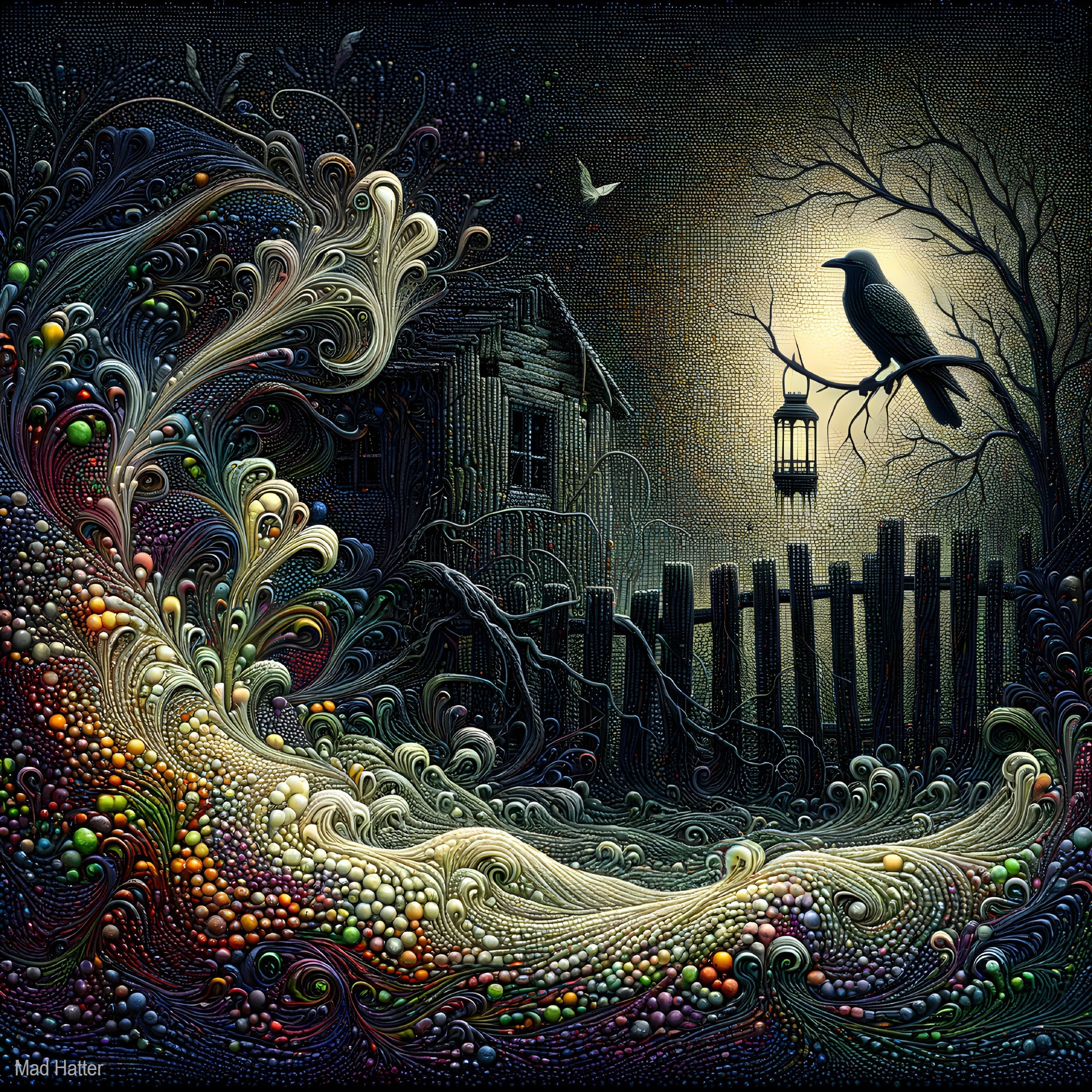 Vibrant Waves and Mystical Cabin Under Moonlight