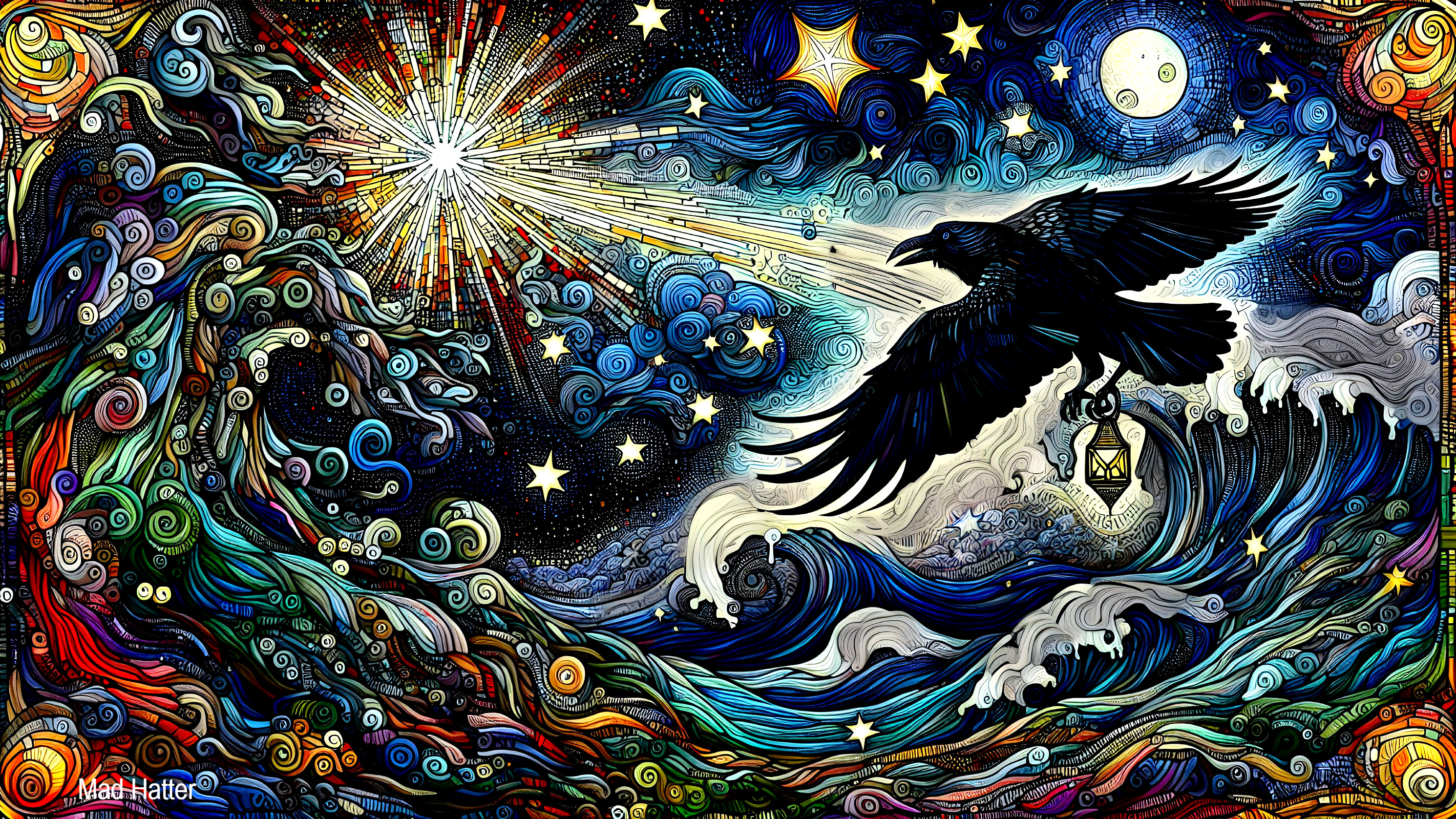 Raven with Lantern Soaring in Starry Night Sky