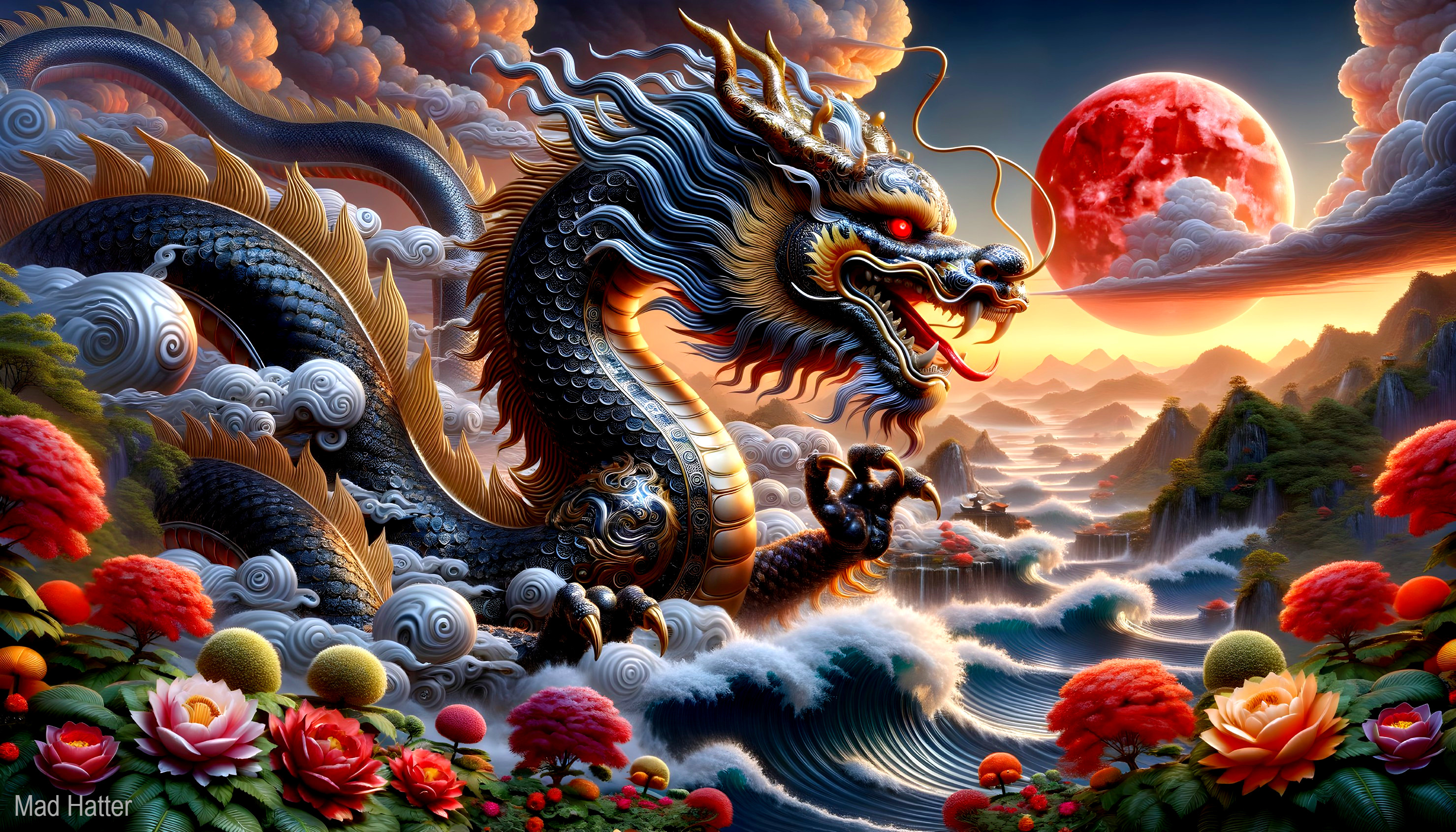 Majestic dragon among clouds with vibrant landscape
