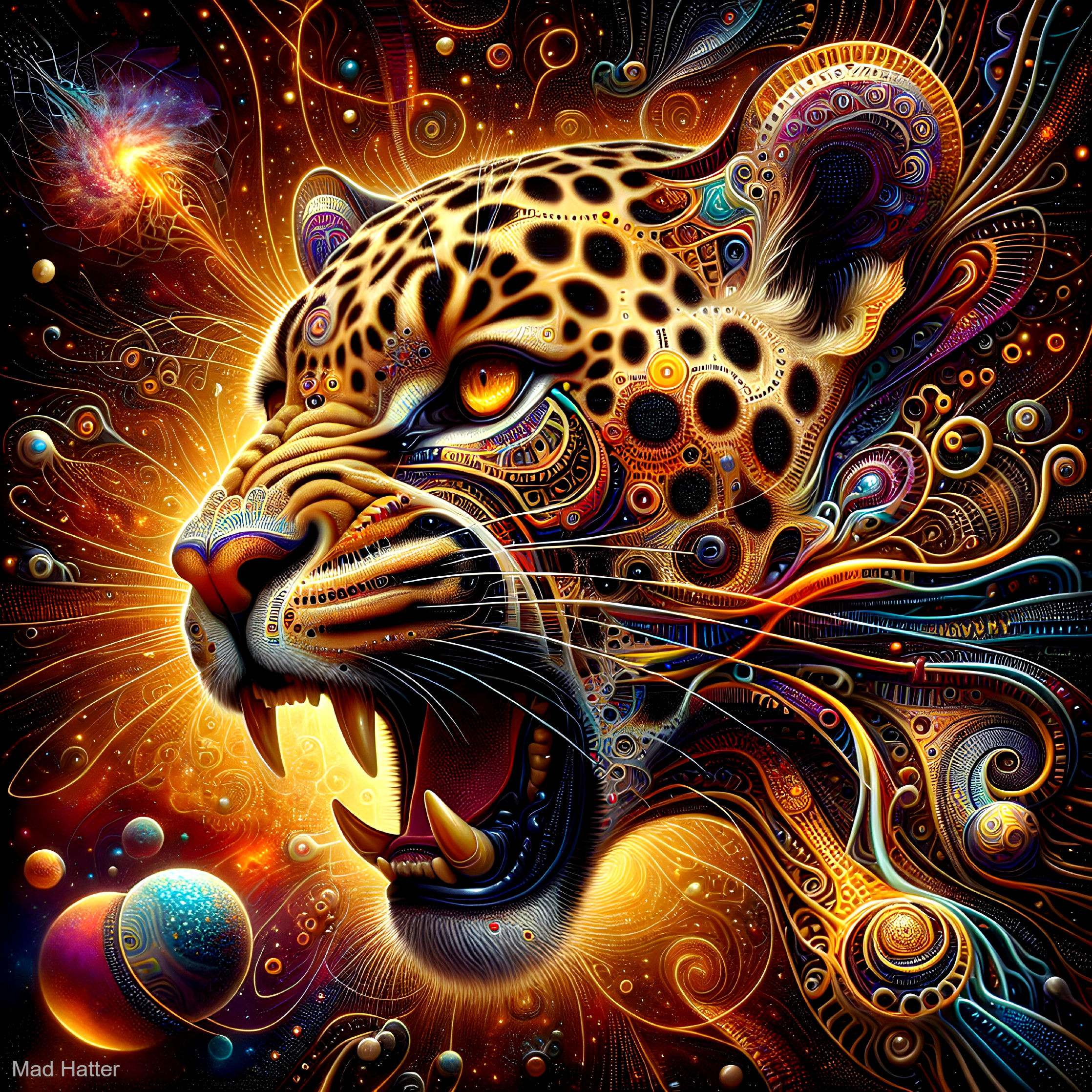 Vibrant Abstract Leopard Head with Cosmic Elements