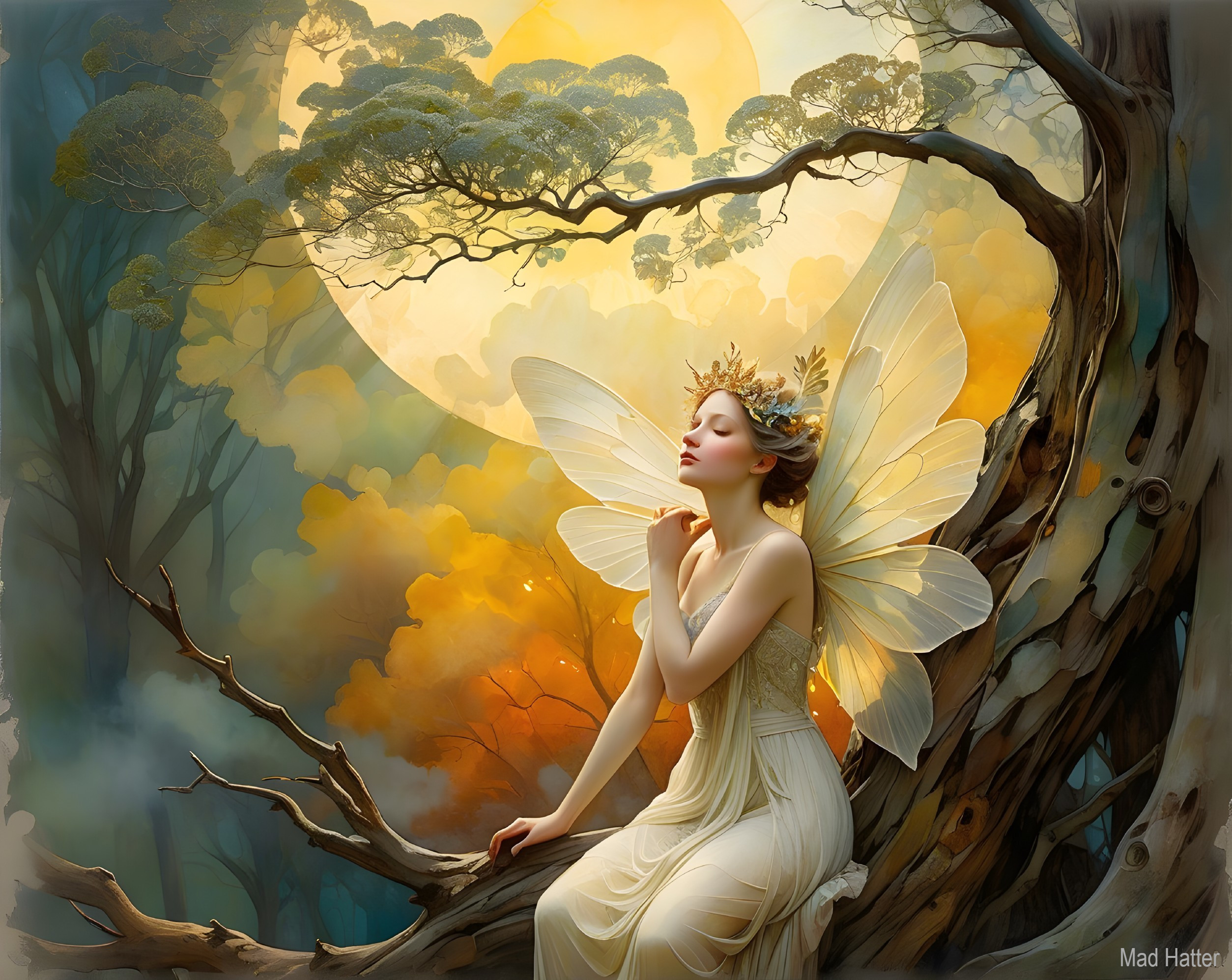 Fairy on Tree Branch Under Golden Moonlight