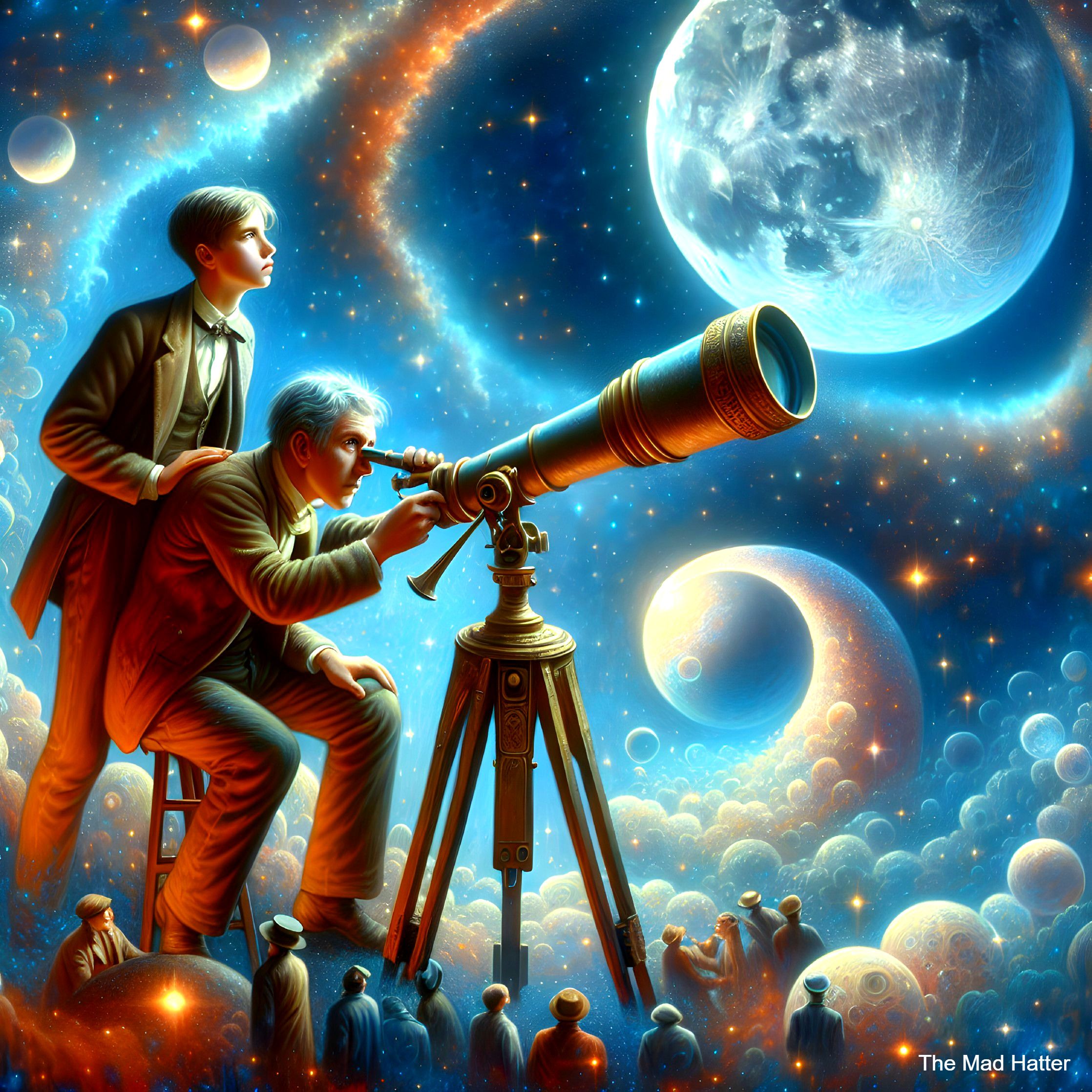 Cosmic Scene with Figures Observing the Universe