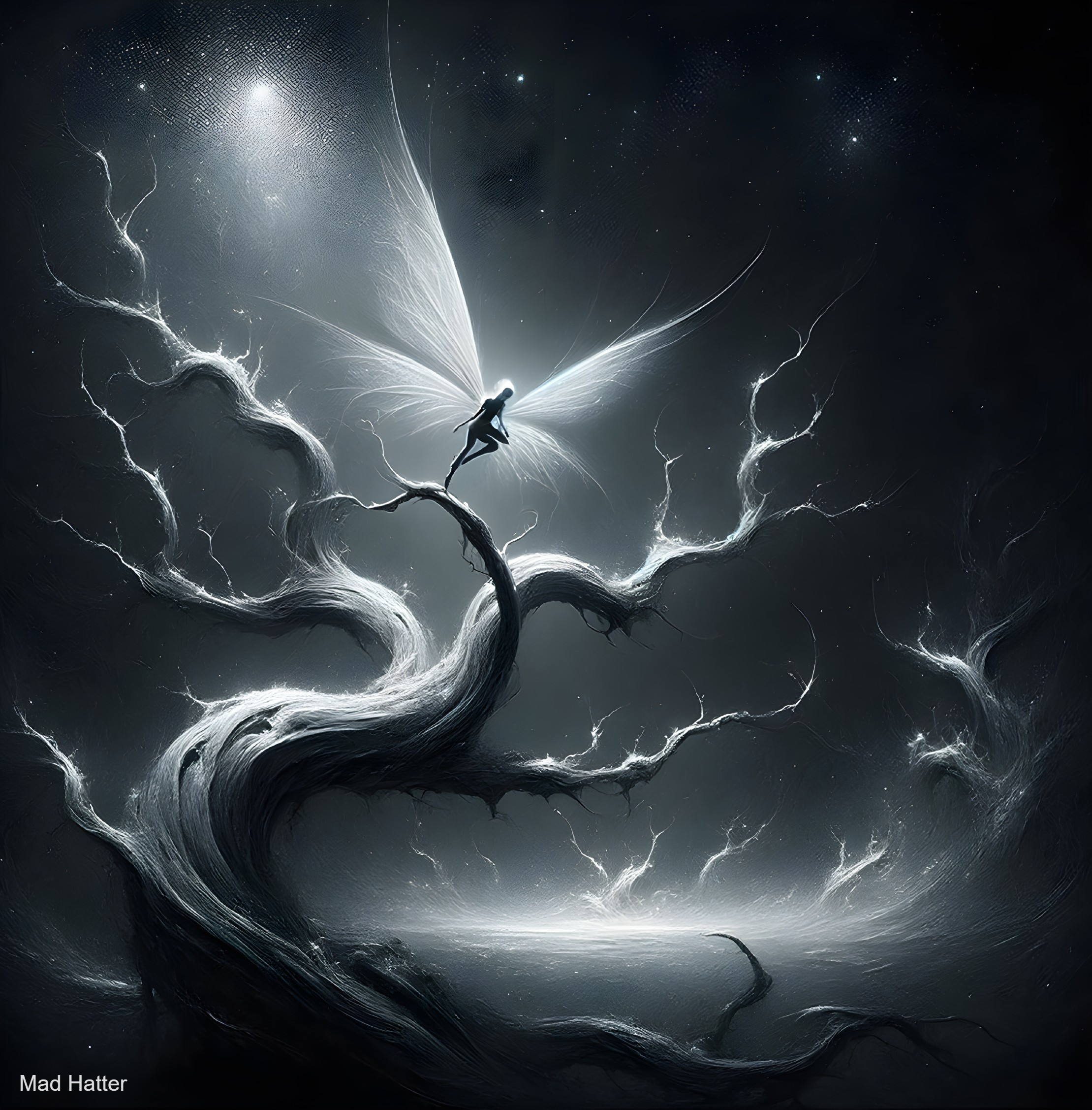 Fairy on Gnarled Tree in Mystical Dark Landscape