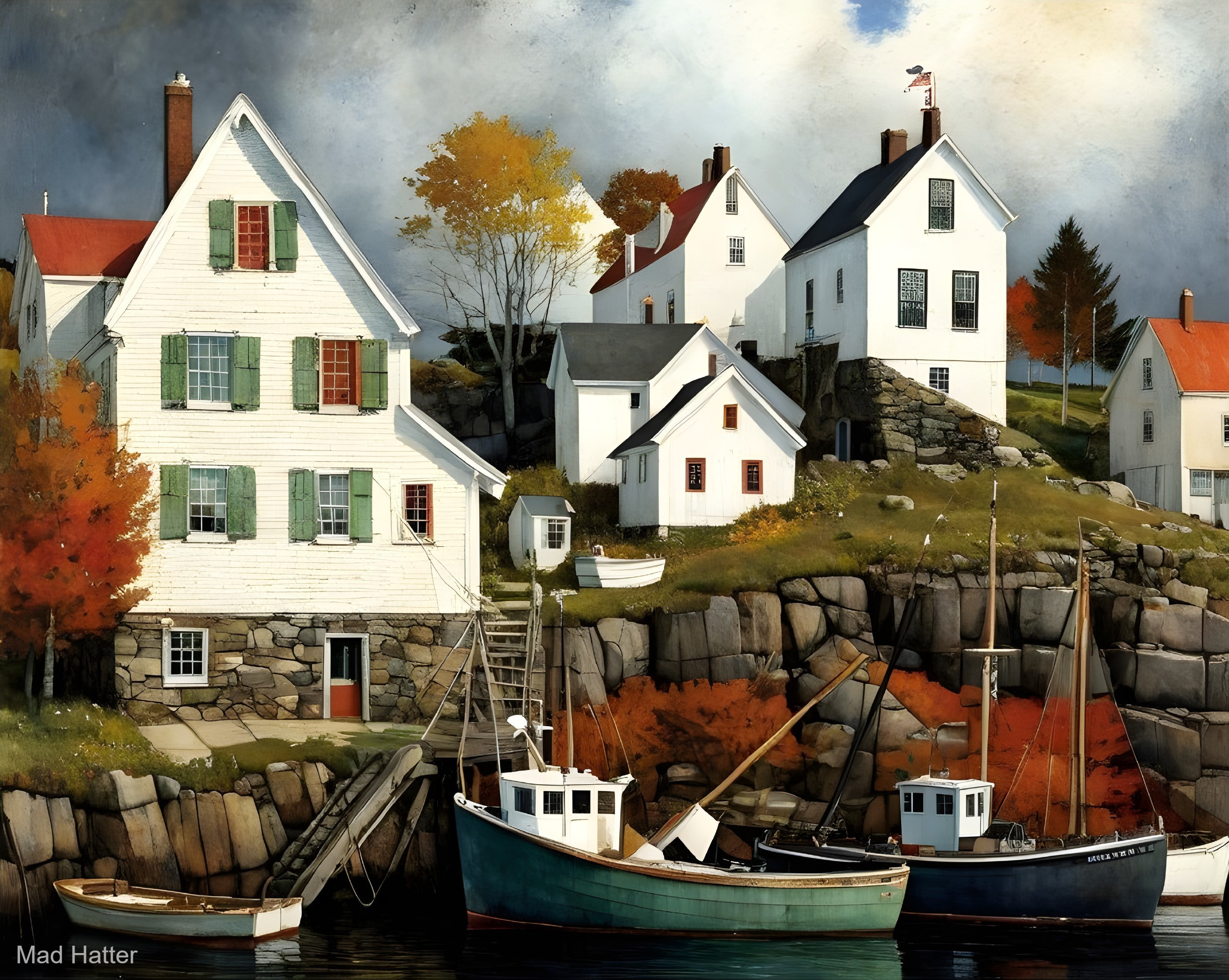 Coastal Scene with Clapboard Houses and Autumn Foliage
