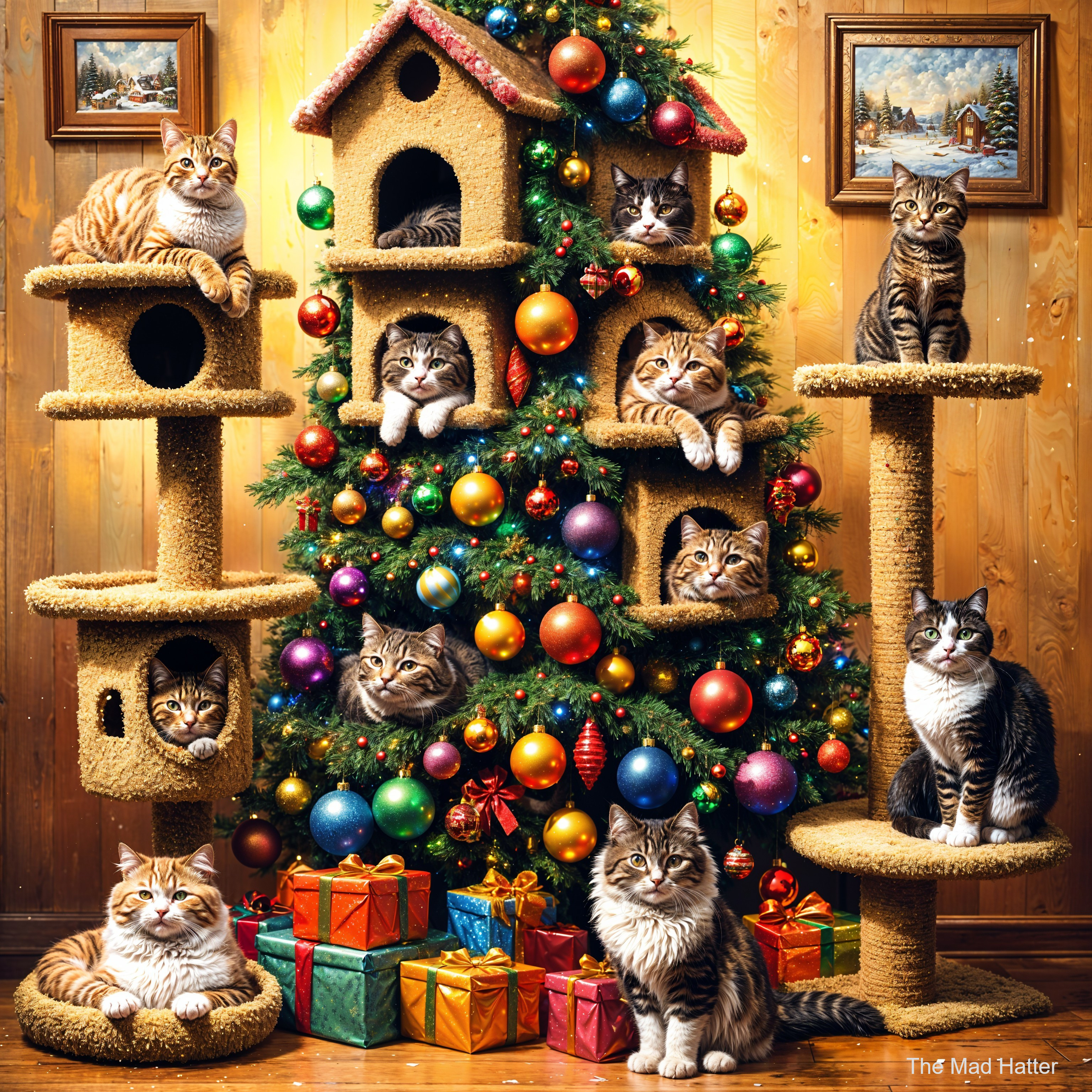 Cats Playing Around a Decorated Christmas Tree Scene