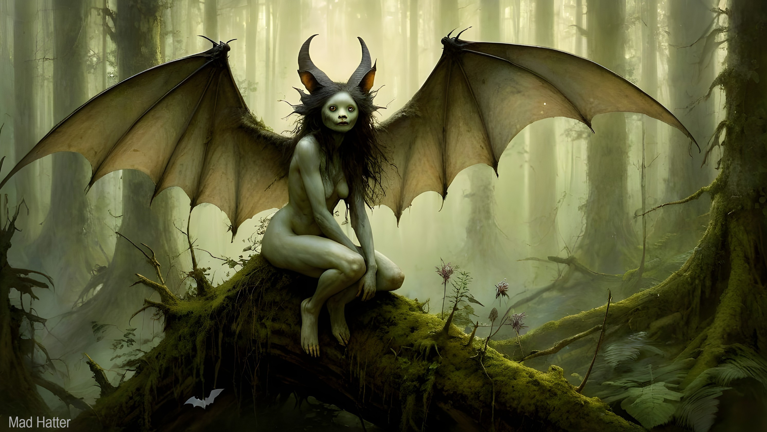 Mystical creature on moss-covered log in foggy forest