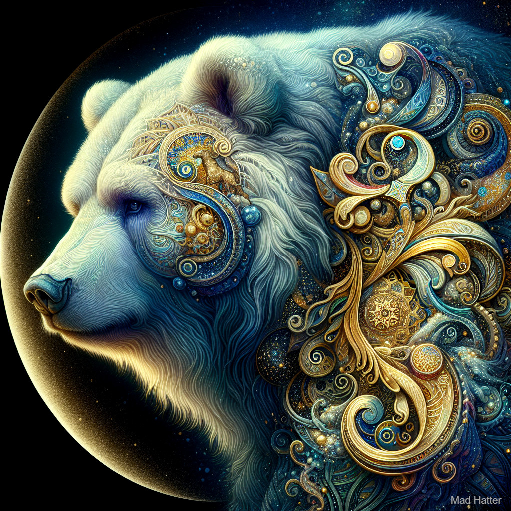 Majestic Bear Head Against Cosmic Gold and Blue Background