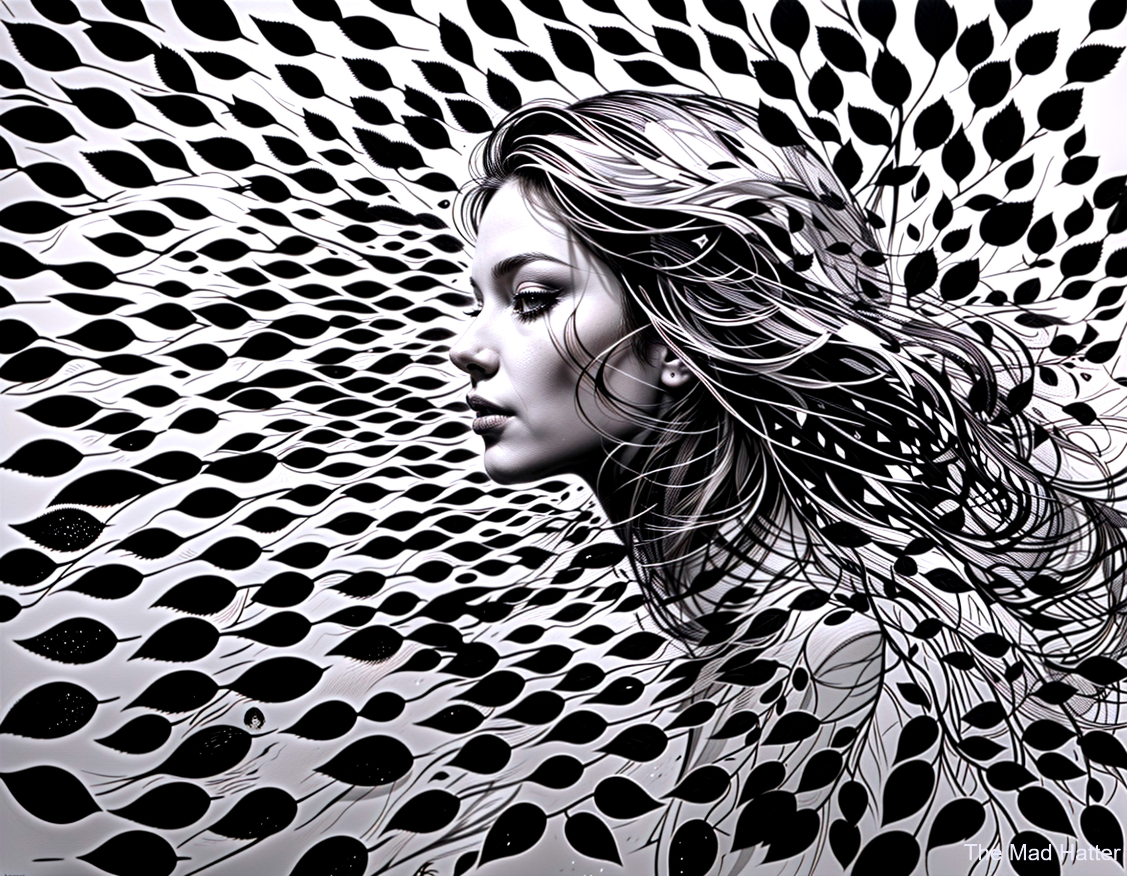 Monochrome Illustration of Woman's Profile and Nature