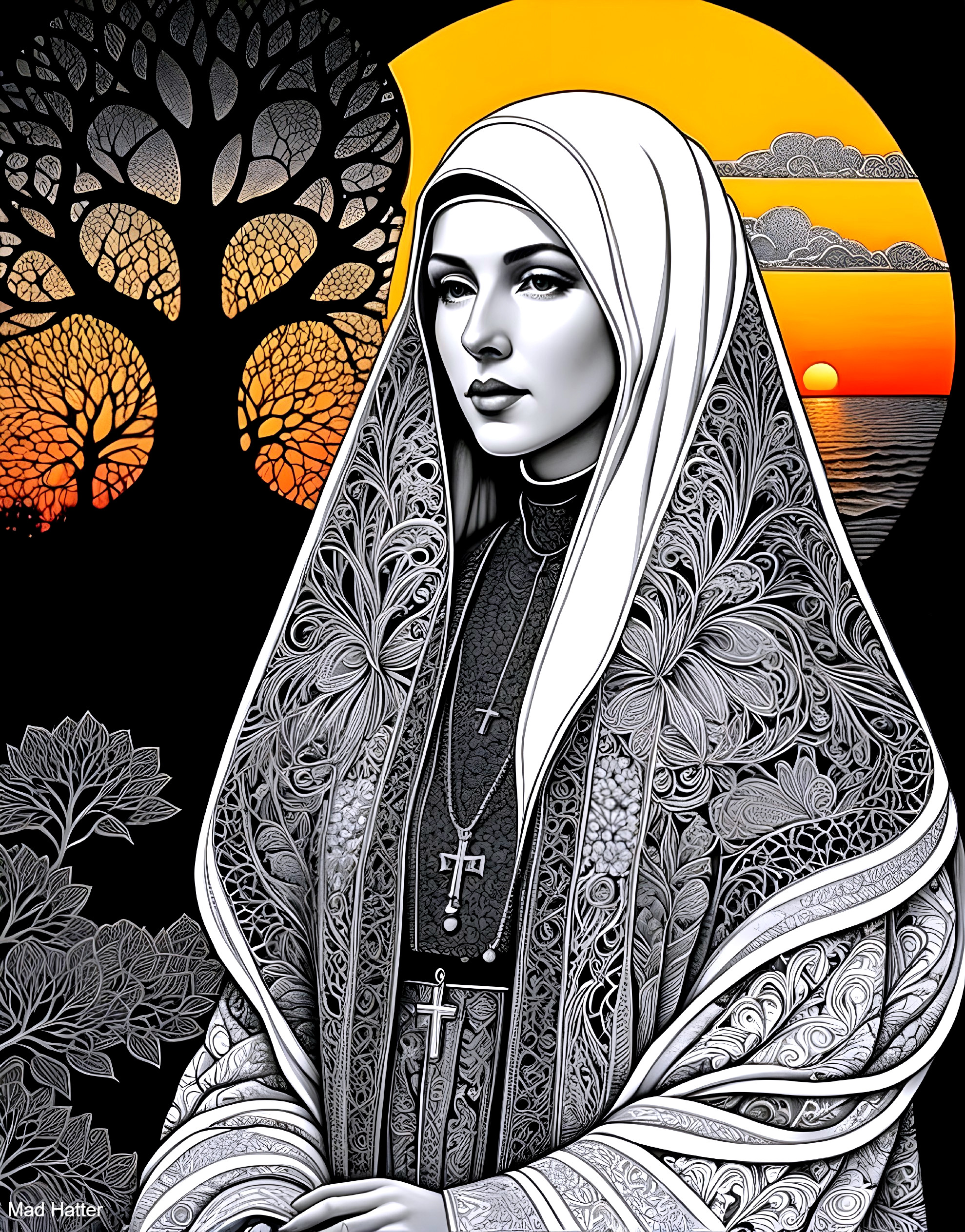 Stylized portrait of a woman with serene gaze