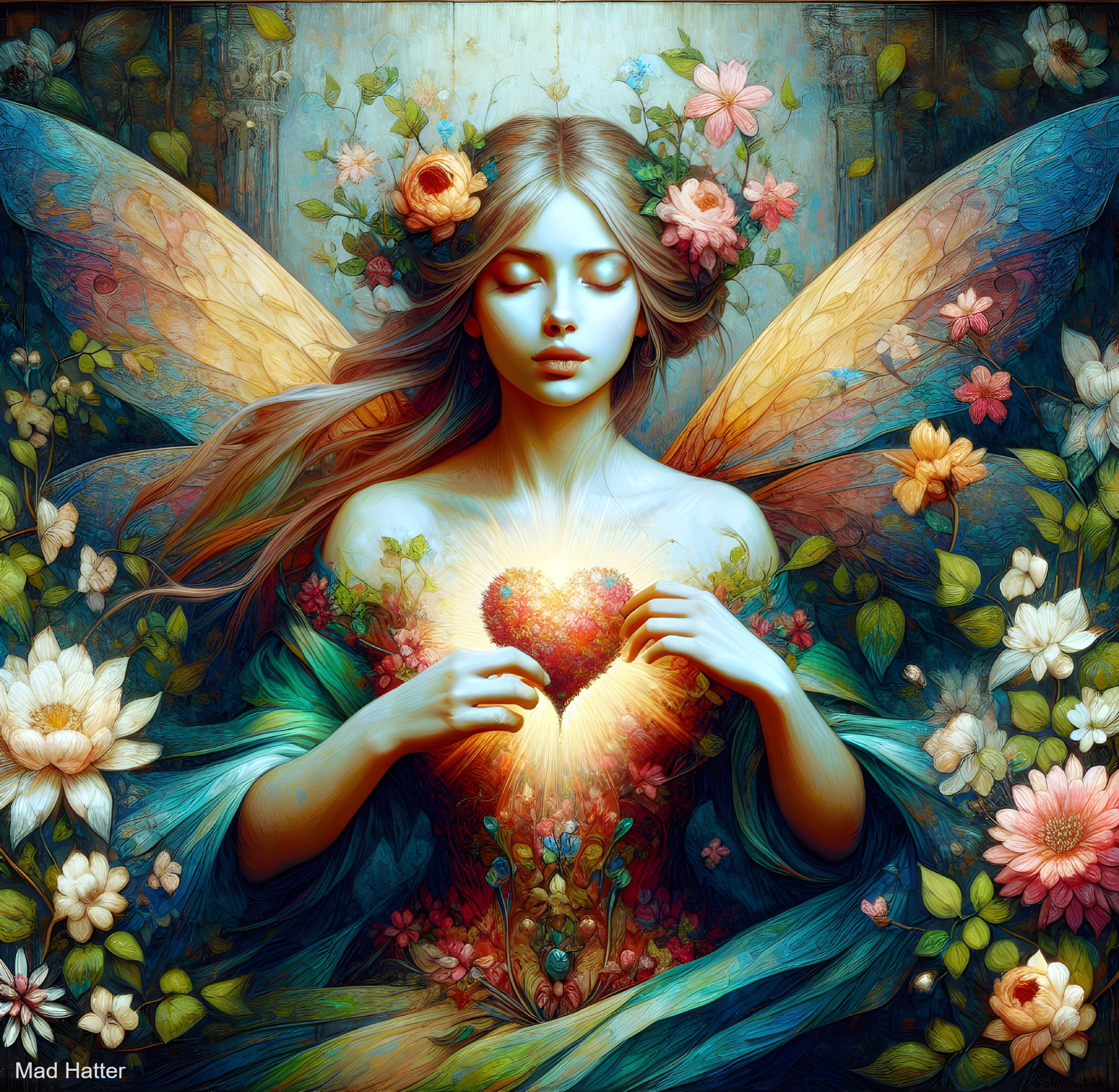 Fairy with Colorful Wings in Floral Enchantment Scene
