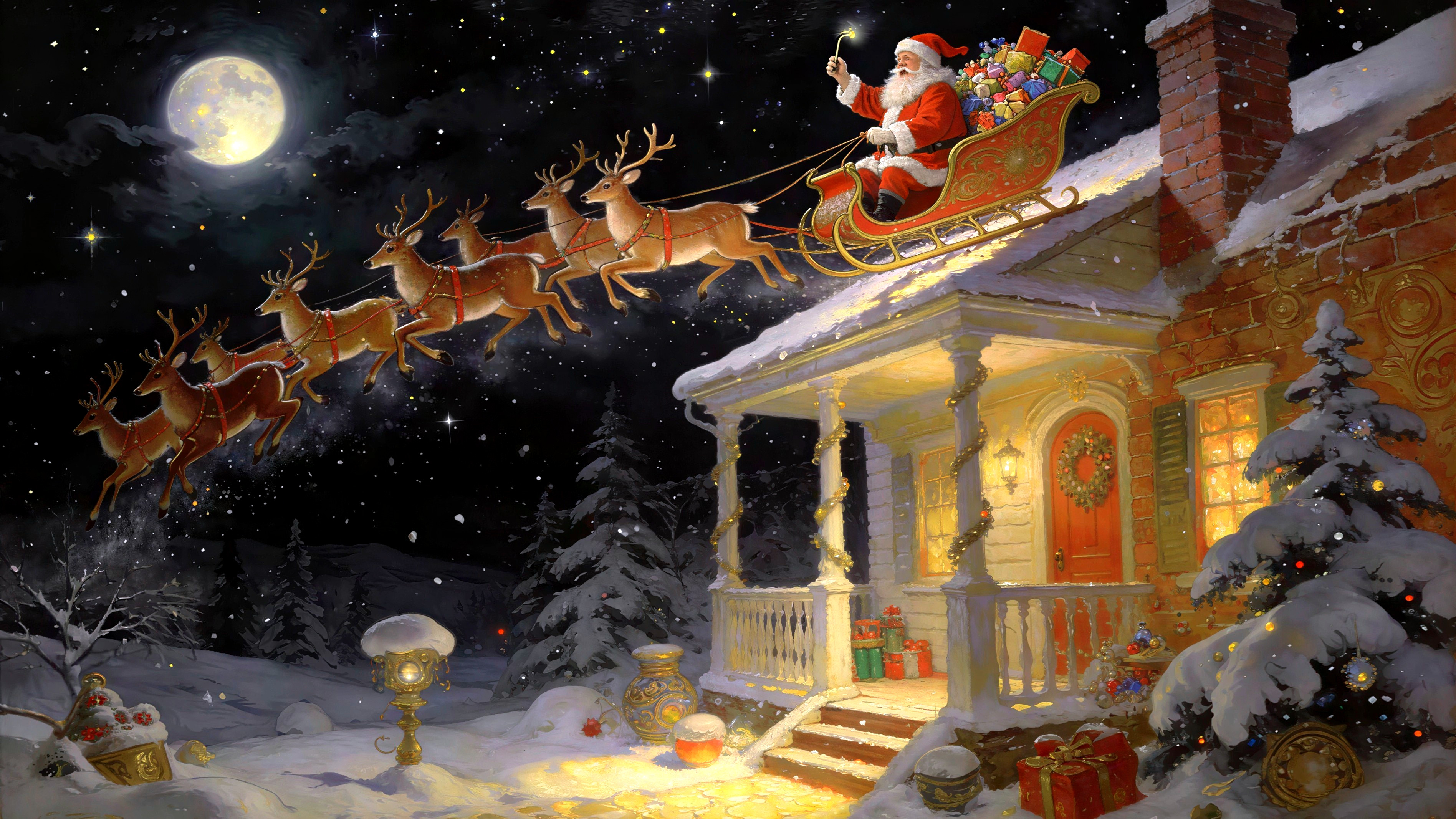 Christmas Scene of Santa in Sleigh Over Snowy House