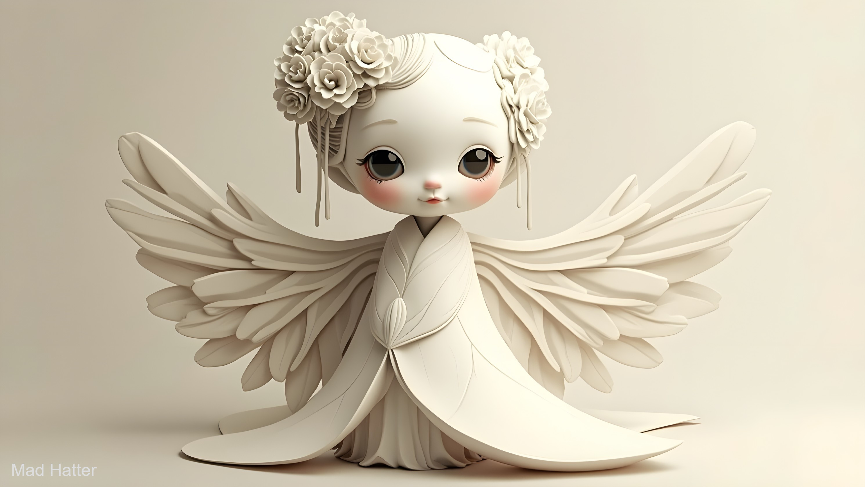 Whimsical Angel Figure with Floral Decor and Wings