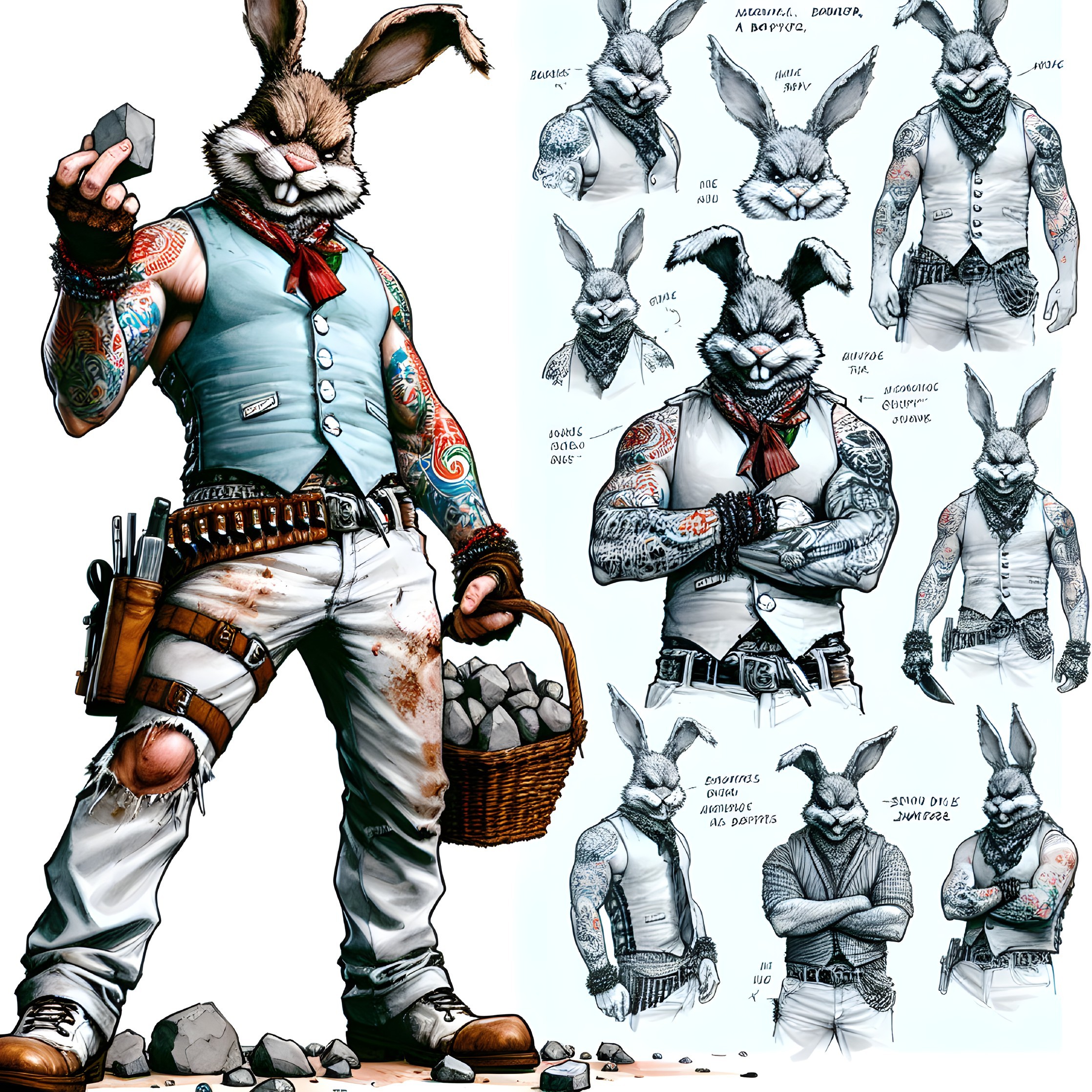 Muscular Rabbit Character with Tattoos and Accessories
