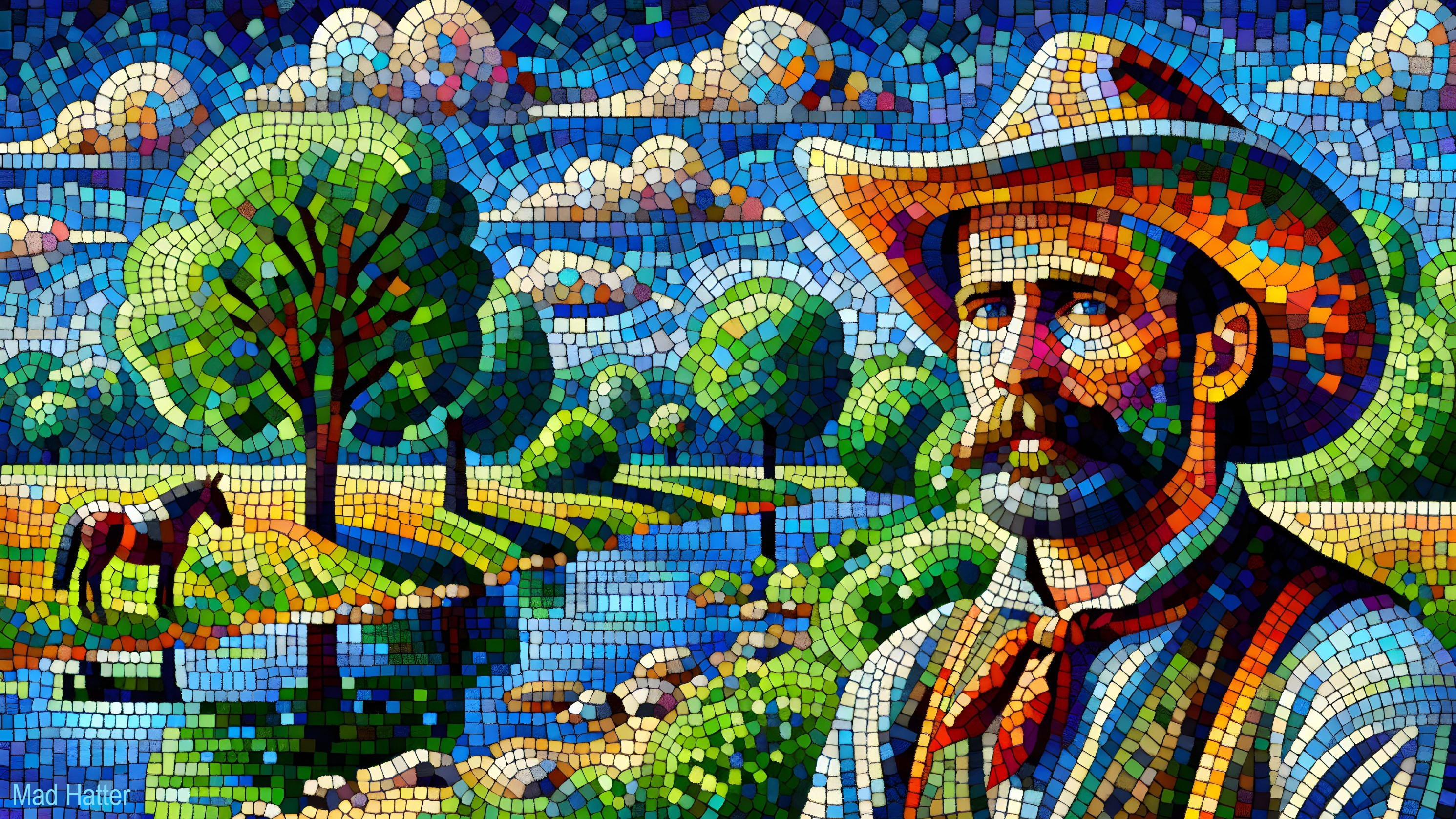 Vibrant Mosaic of Rugged Figure in Scenic Landscape