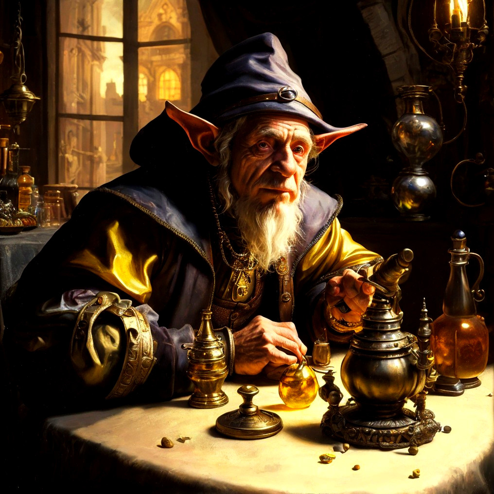 Wizard with pointed hat in candlelit room with potion bottles and ornate teapot