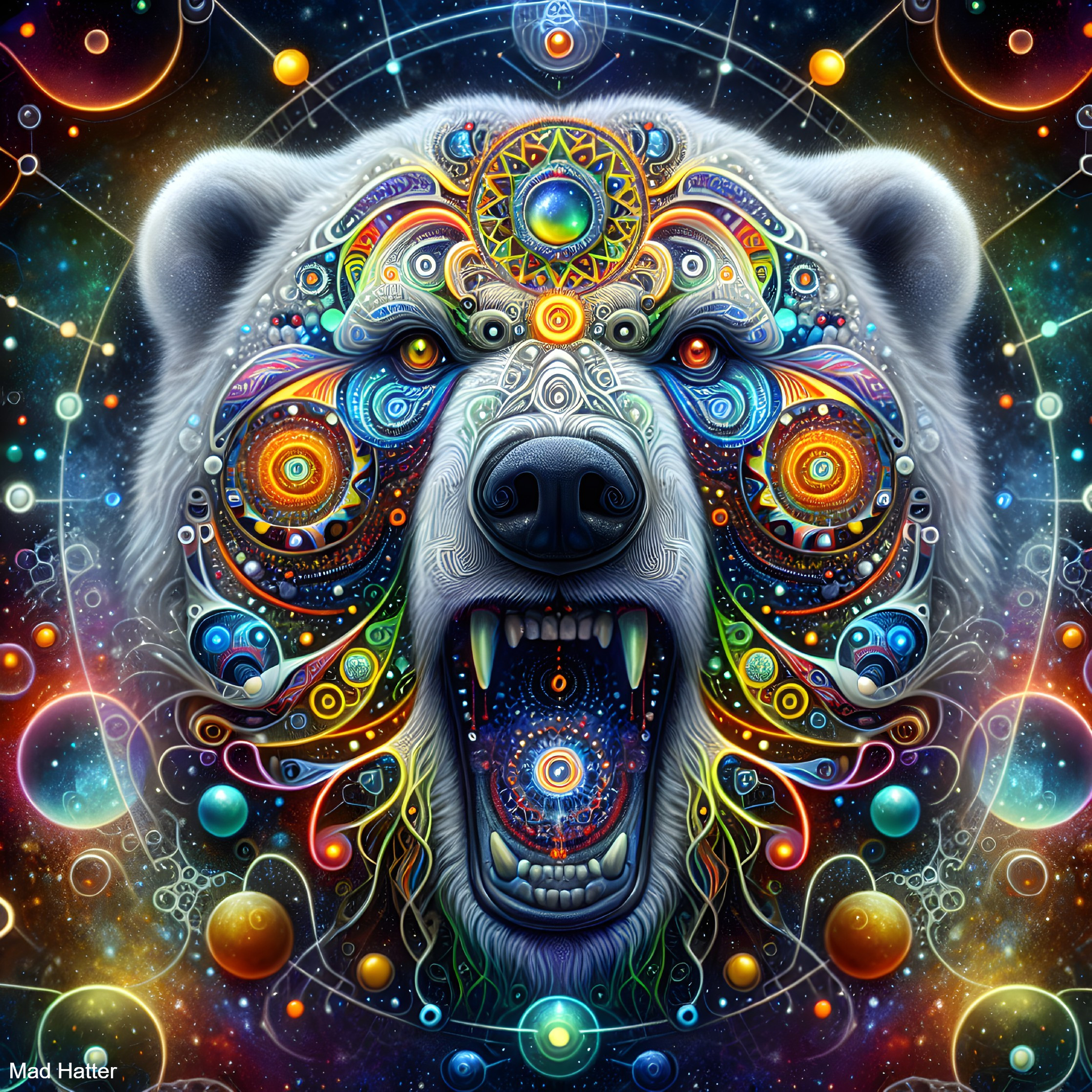 Colorful Bear Face with Cosmic Patterns and Galaxies
