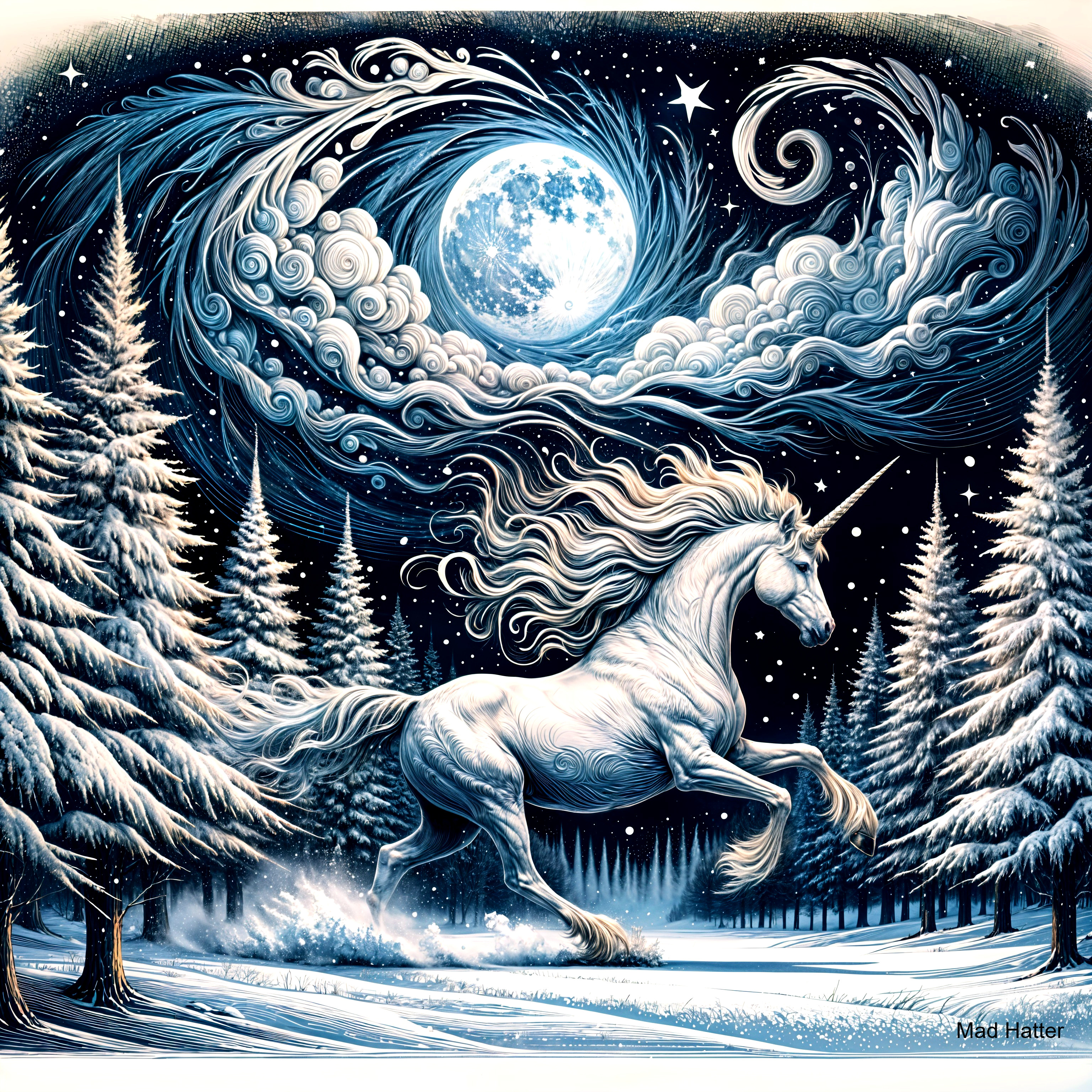 Unicorn in a Snowy Forest Under a Full Moon