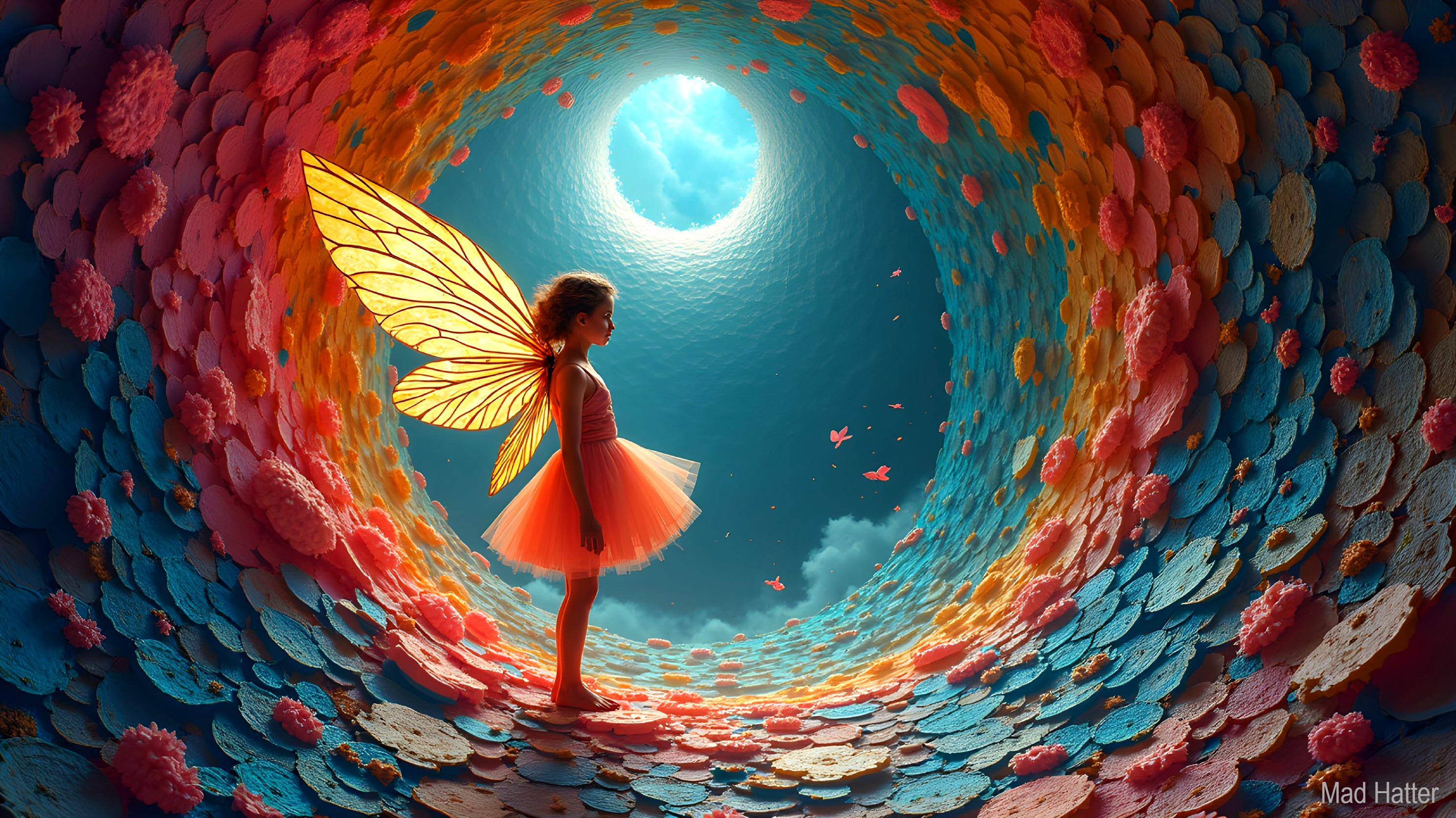 Whimsical Scene of a Girl with Transparent Wings