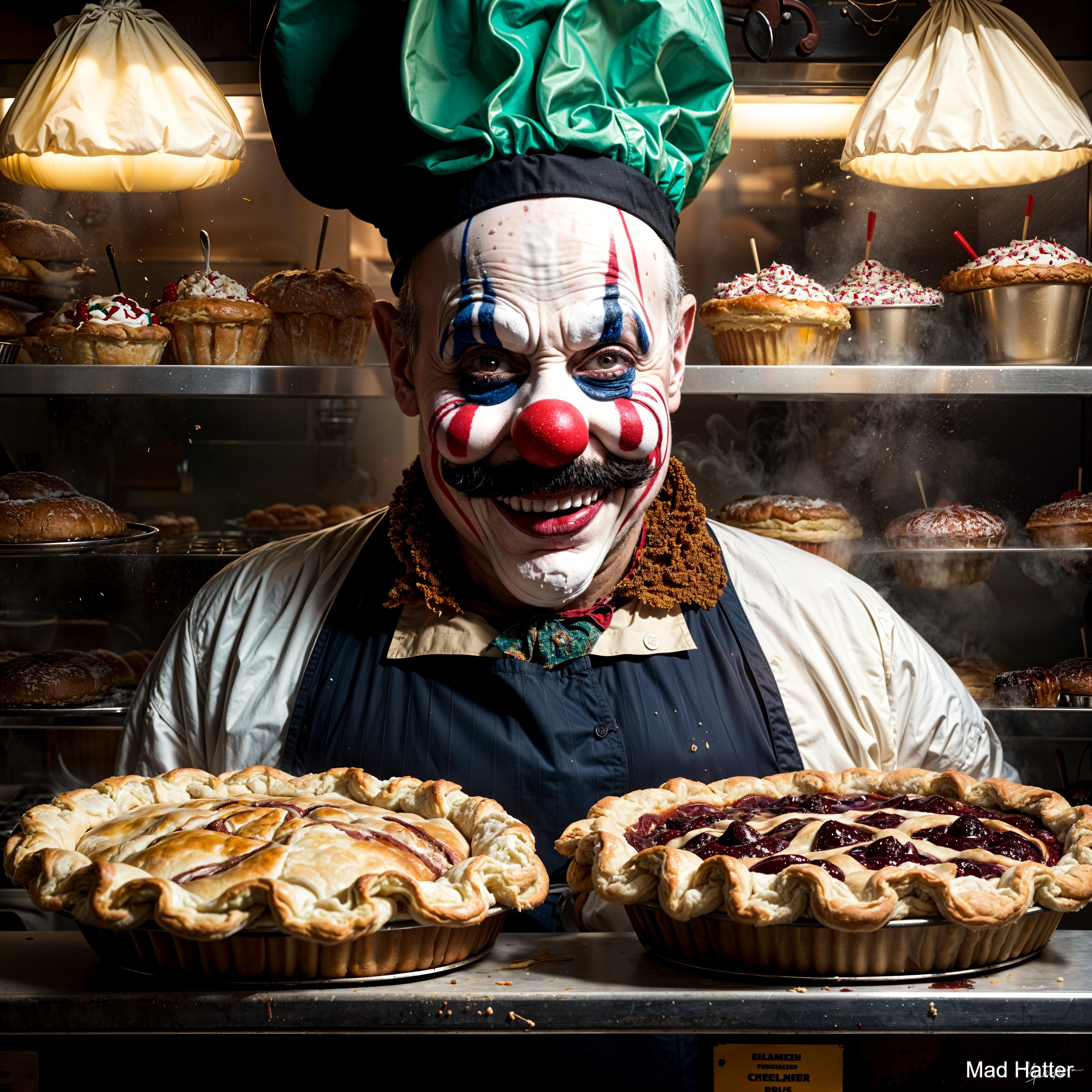 Clown in Colorful Outfit at Whimsical Bakery Display