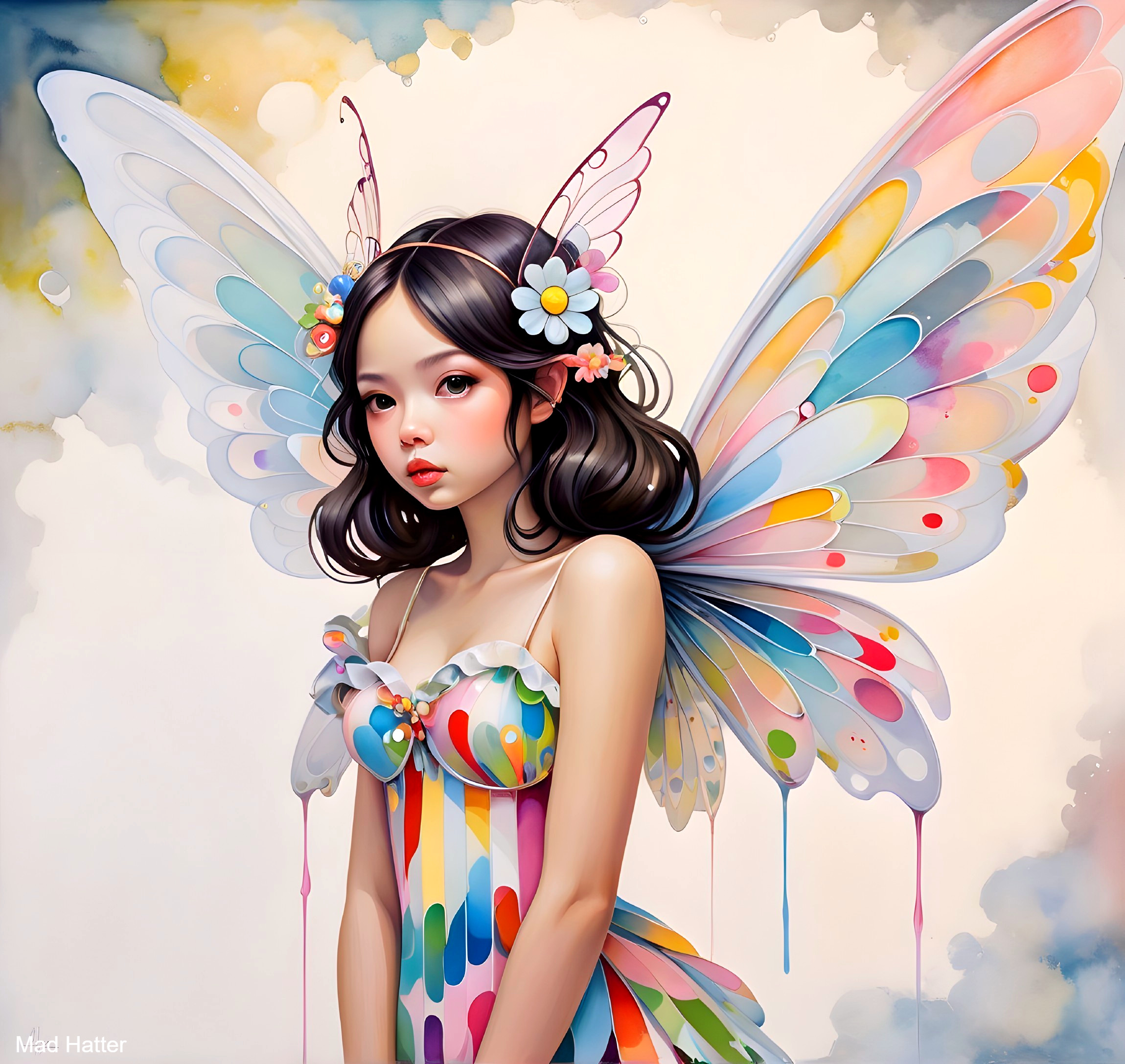 Whimsical Girl with Butterfly Wings in Pastel Setting